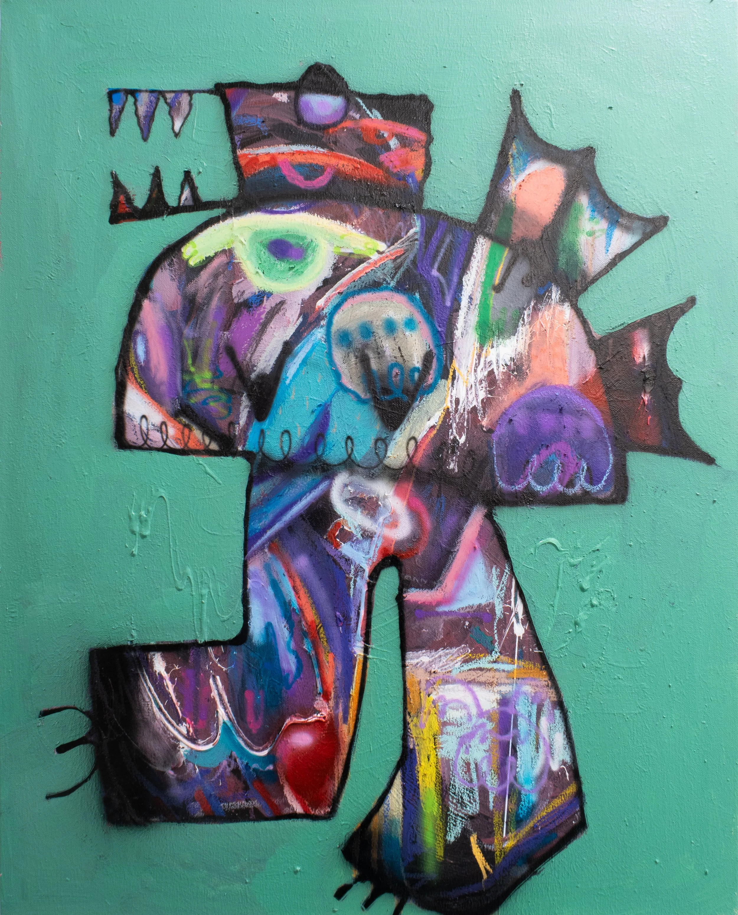 jackasaurus uno, 2025. Acrylic, oil pastel, airbrush on canvas - 30in x 24in x 1.5in