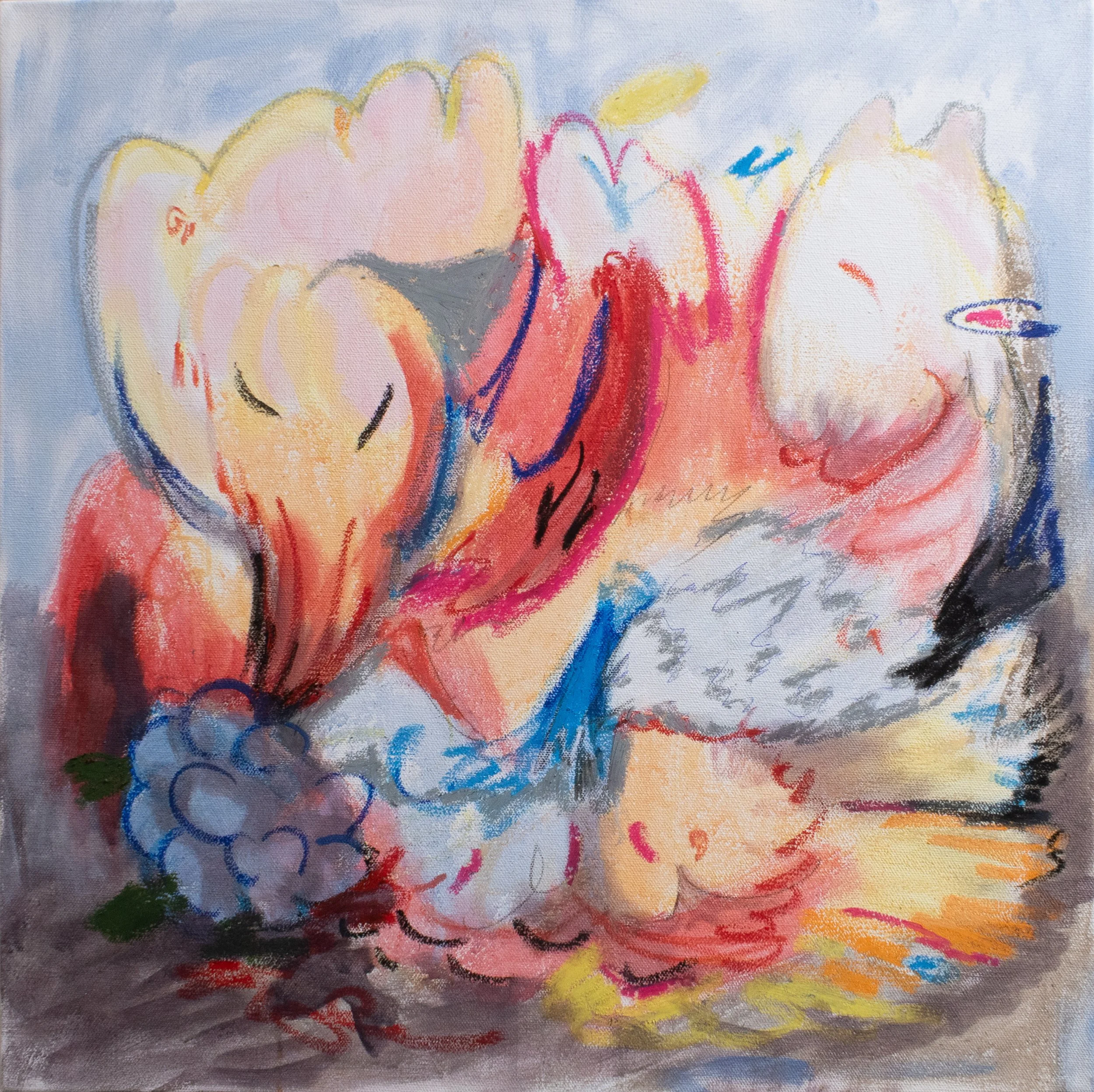 ignition, 2025. Acrylic, oil pastel, charcoal, pencil, pen on canvas - 20in x 20in x 1.5in