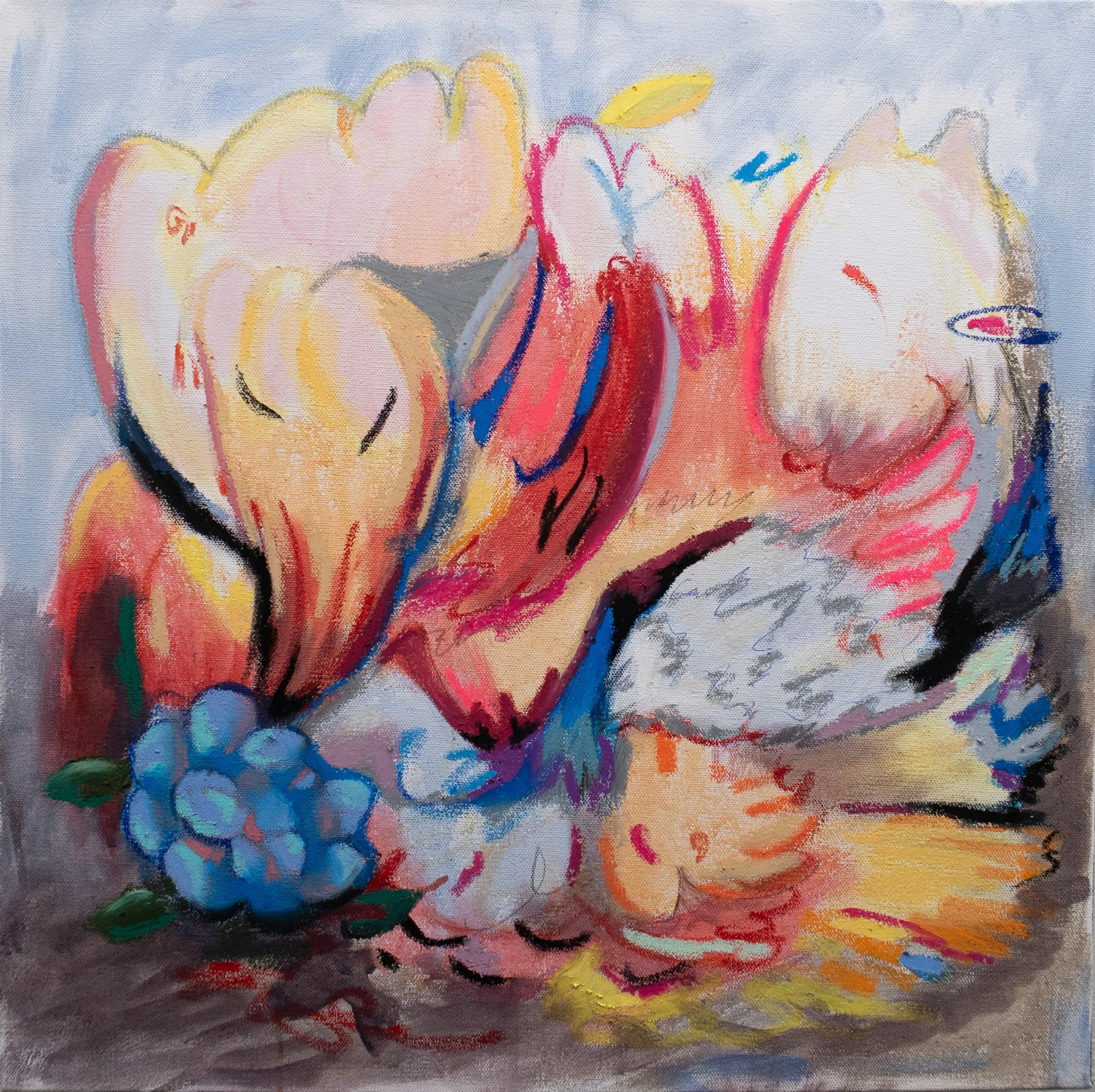 ignition, 2025. Acrylic, oil pastel, charcoal, pencil, pen on canvas - 20in x 20in x 1.5in