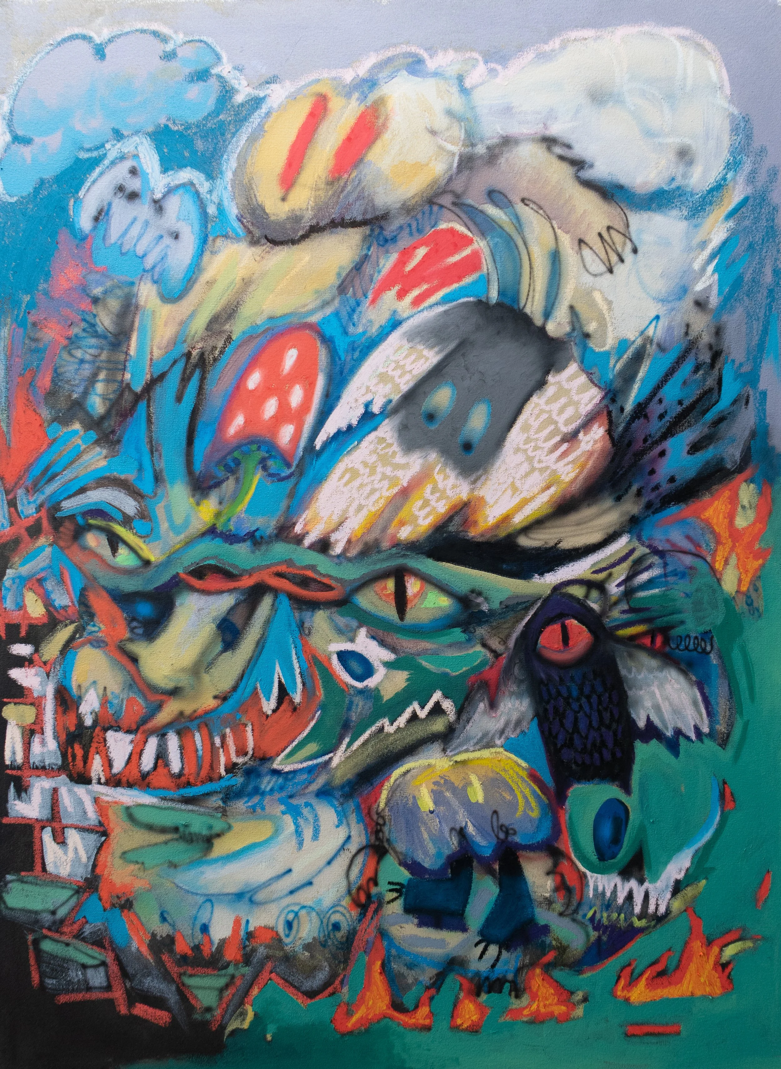 subsurface, 2026. Acrylic, oil pastel, airbrush on unstretched 12 oz cotton - 48in x 36in 