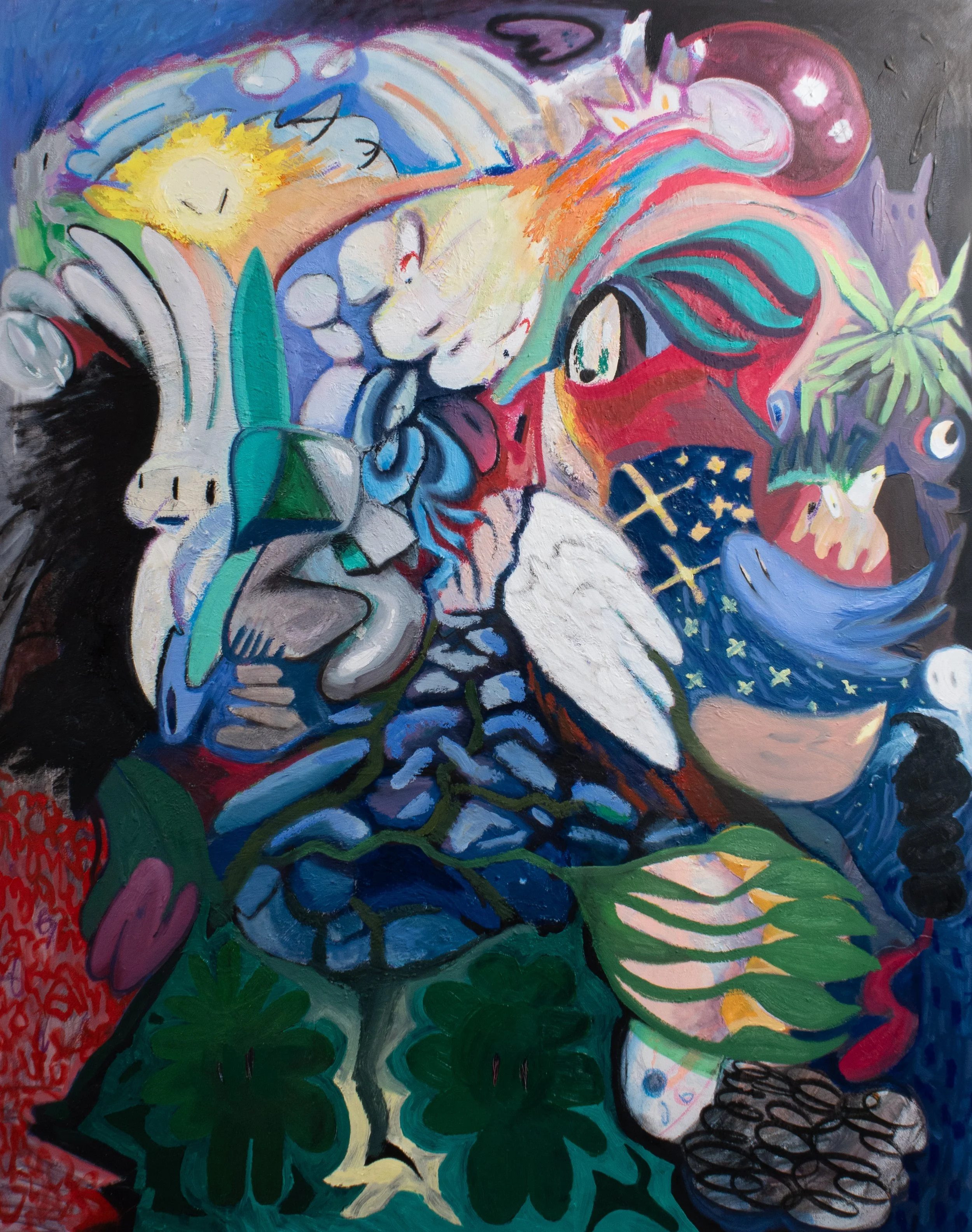 spells, 2025. Acrylic, oil, oil pastel, charcoal on canvas - 60in x 48in x 1.5in