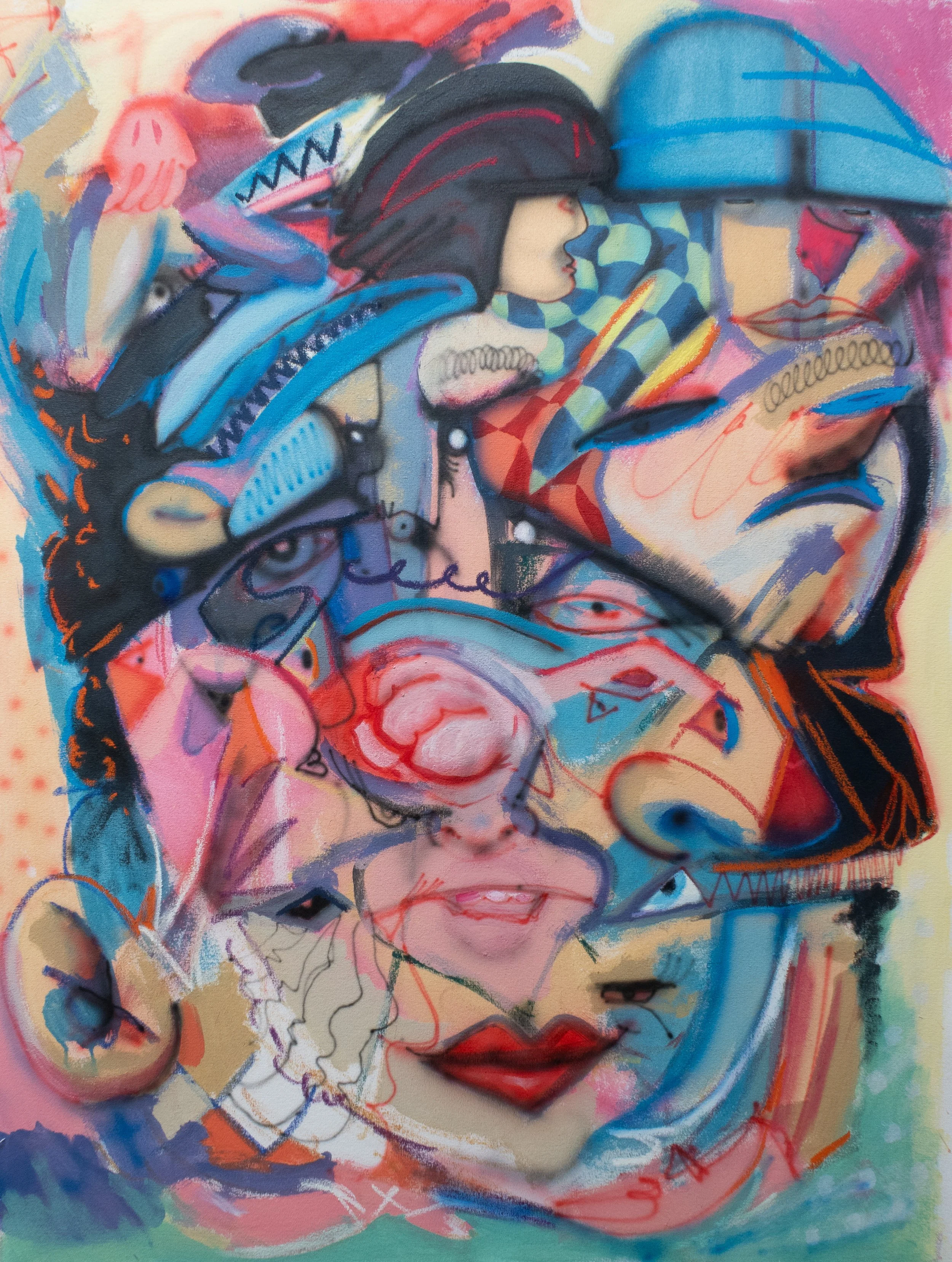 where this part ends, 2025. Acrylic, oil pastel, airbrush on unstretched 12 oz cotton - 48in x 36in 