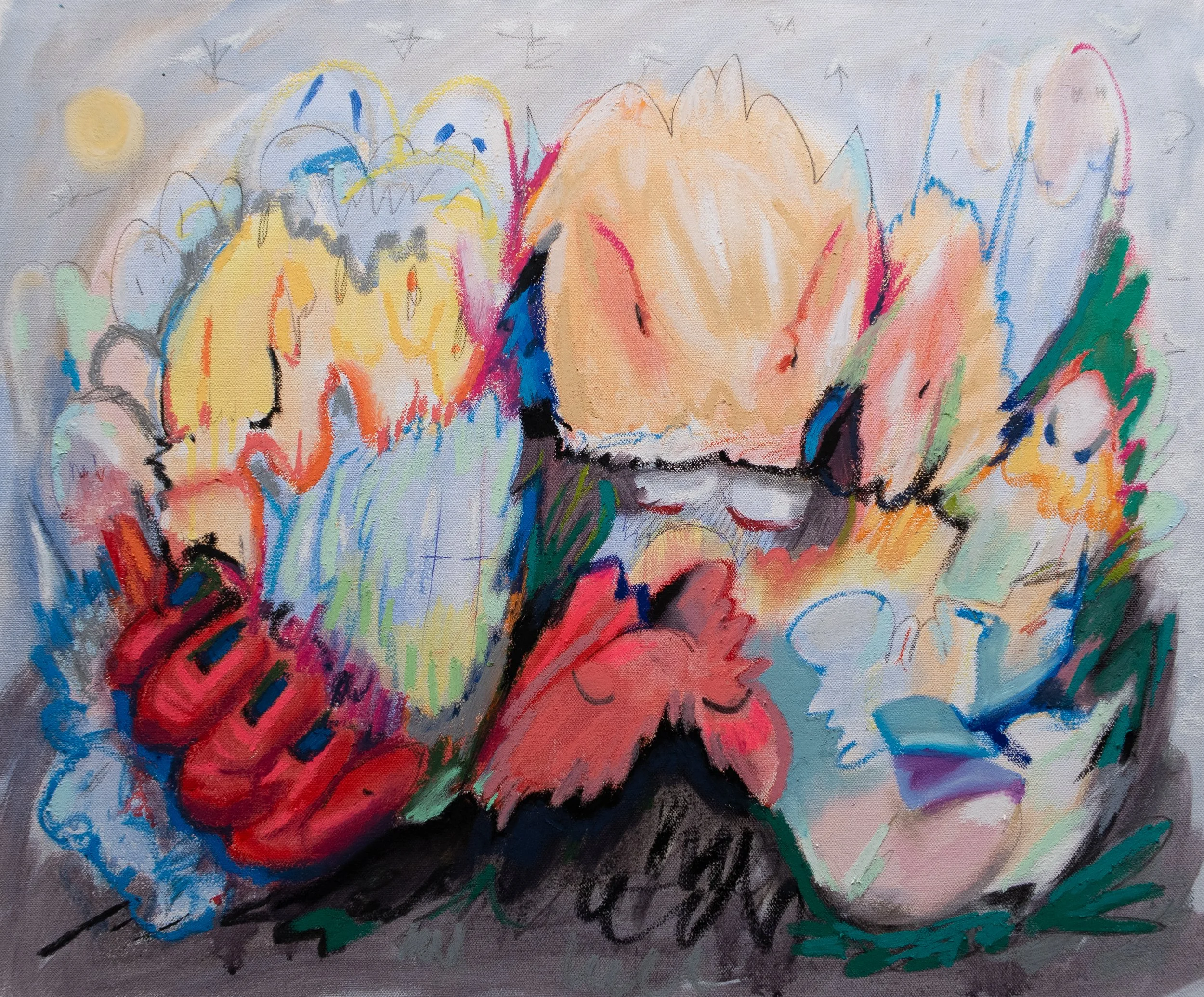 small claims, 2025. Acrylic, oil pastel, charcoal, pencil, pen on canvas - 20n x 24in x 1.5in