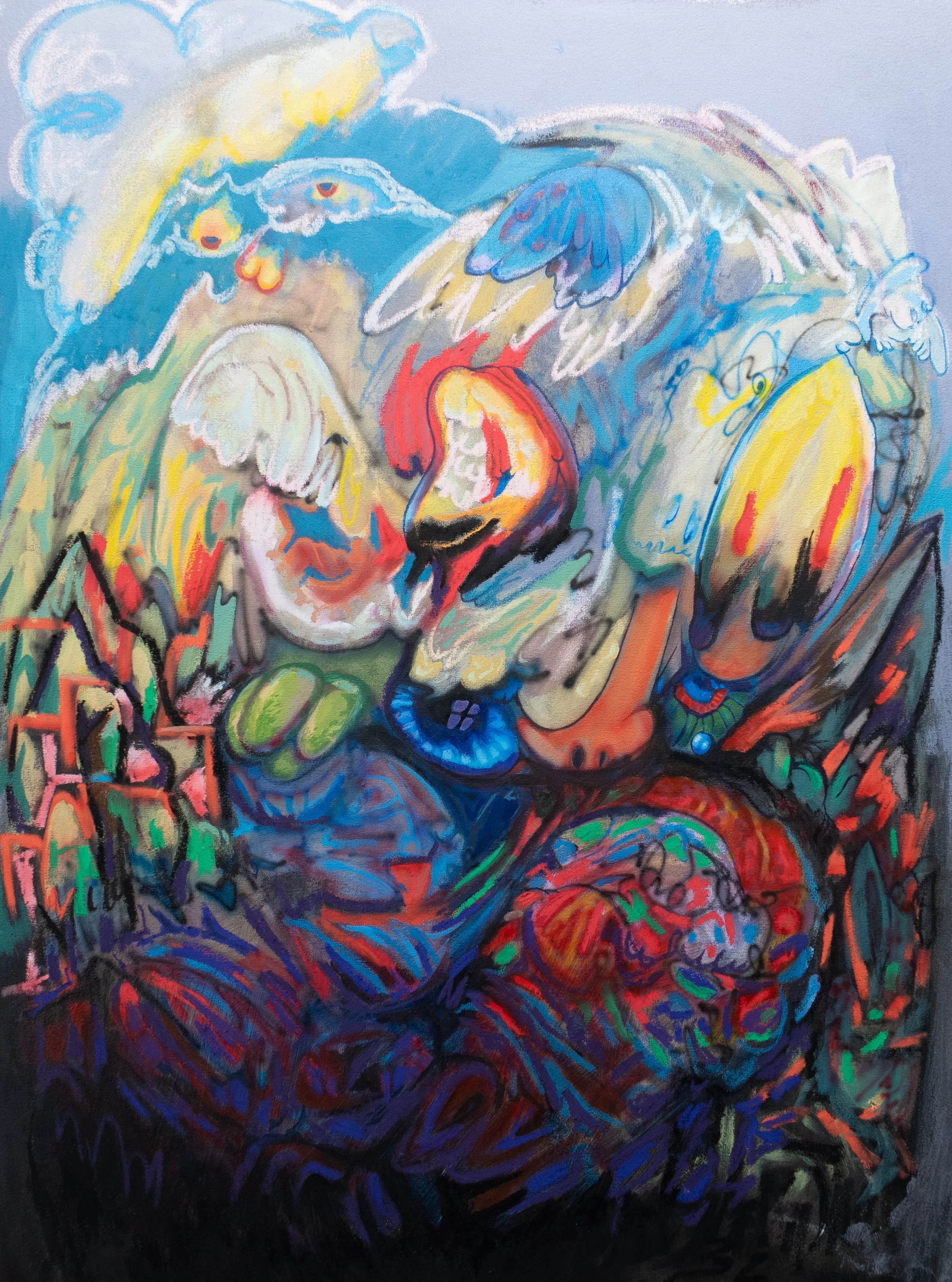 the illusions are dissolving, 2026. Acrylic, oil pastel, airbrush on unstretched 12 oz cotton - 48in x 36in