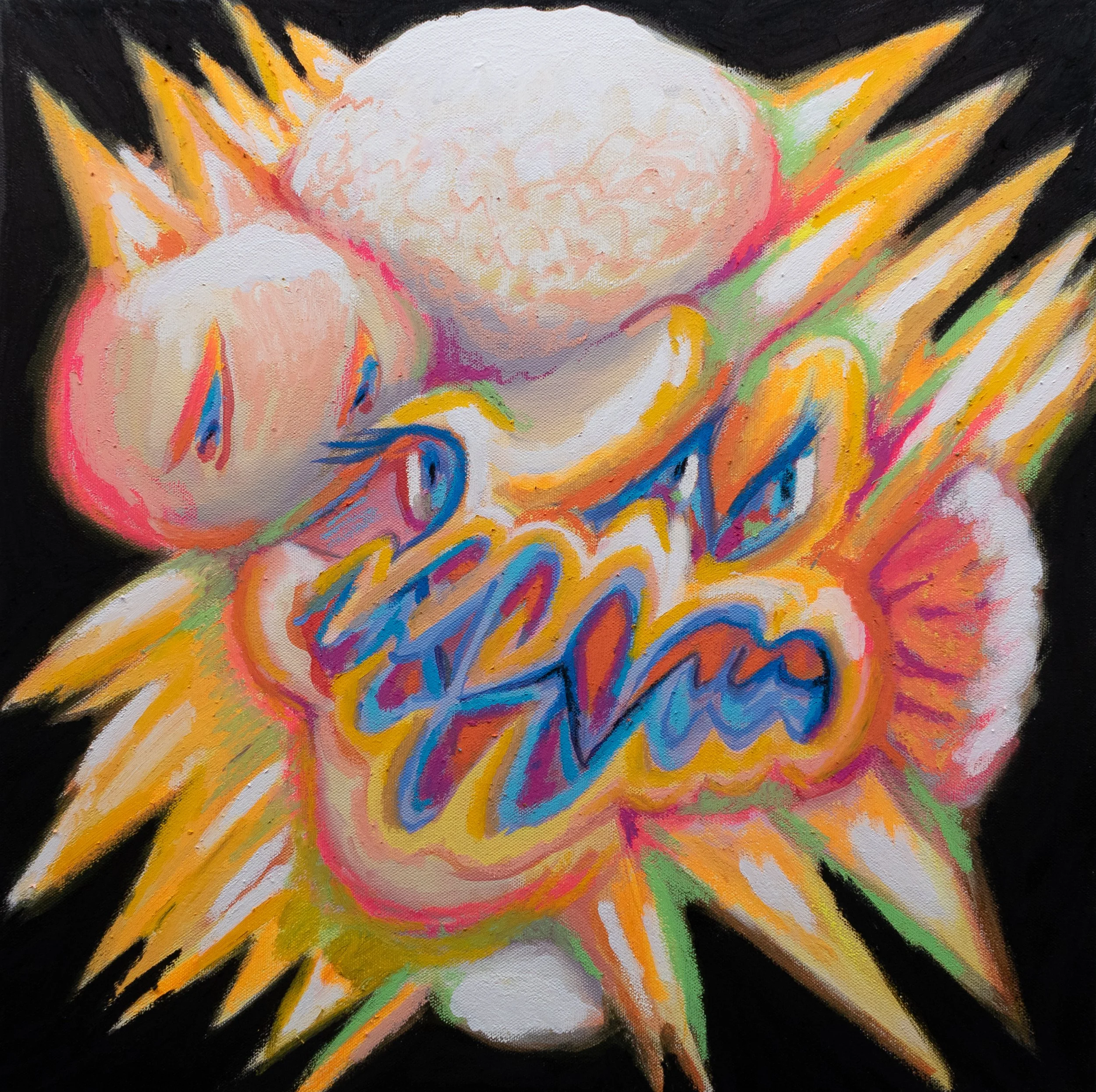 moment of honesty, 2026. Acrylic, oil pastel on canvas - 20in x 20in 