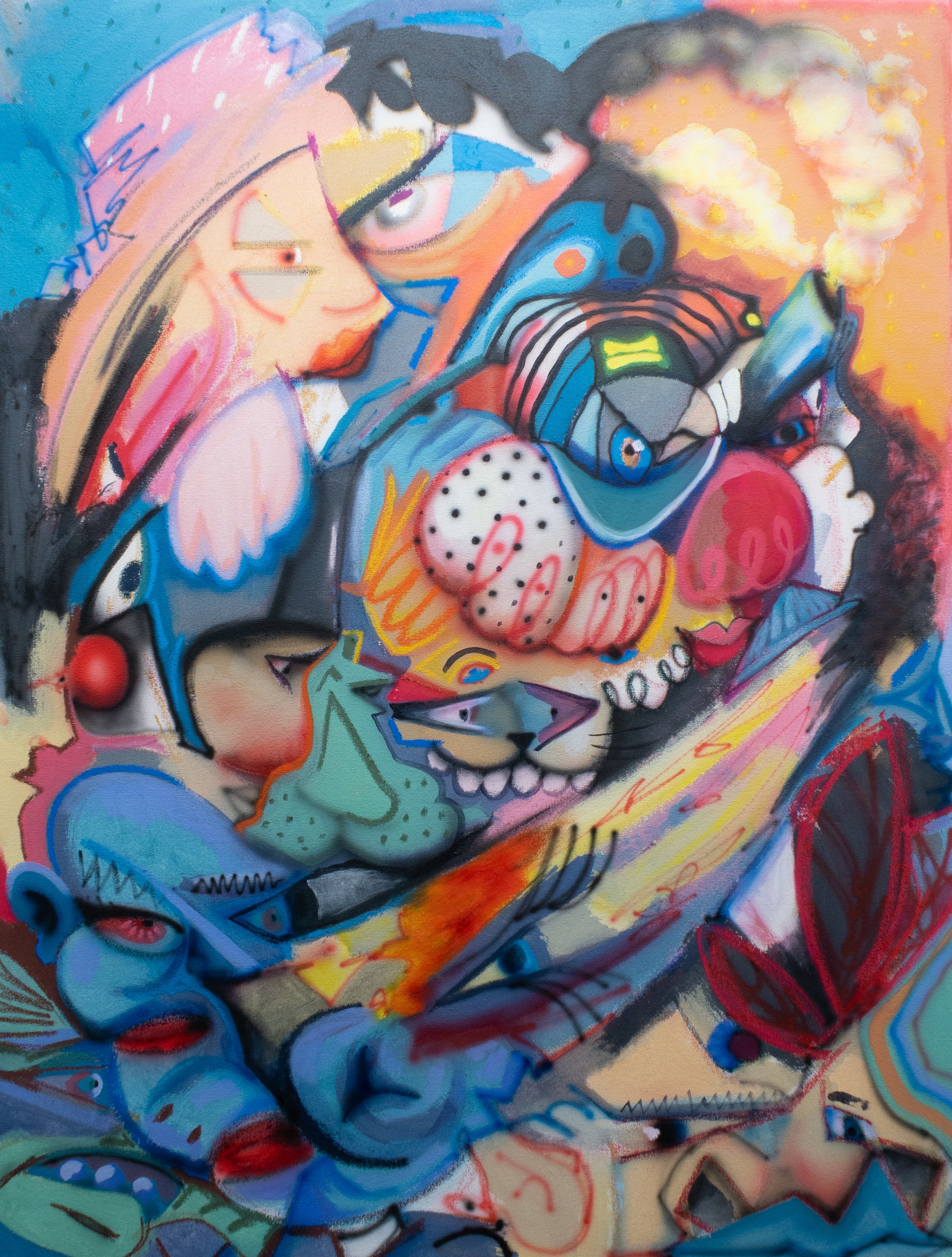 trying to stop a train, 2025. Acrylic, oil pastel, airbrush on unstretched 12 oz cotton - 48in x 36in 