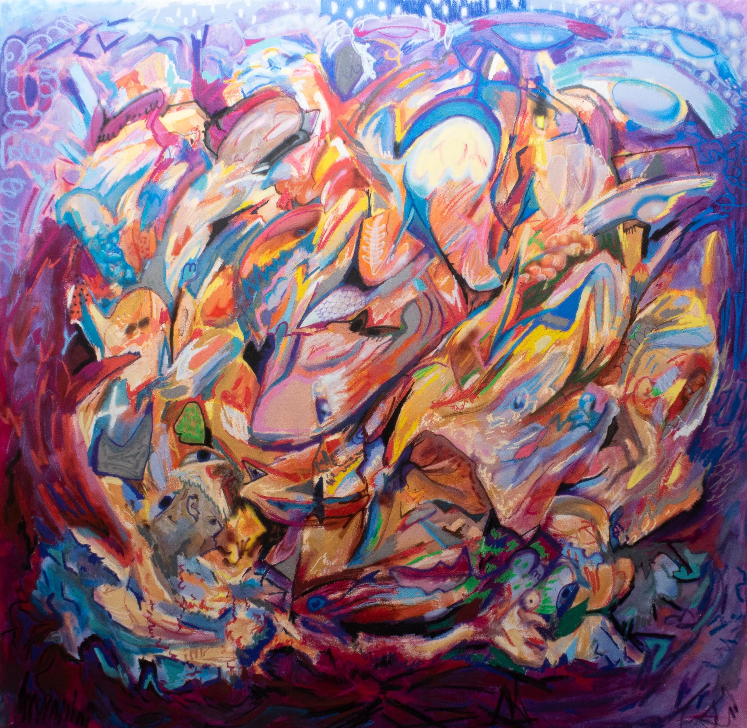 turbulence, 2025. Acrylic, oil pastel, airbrush on unstretched 12 oz cotton - 7ft x 7ft 