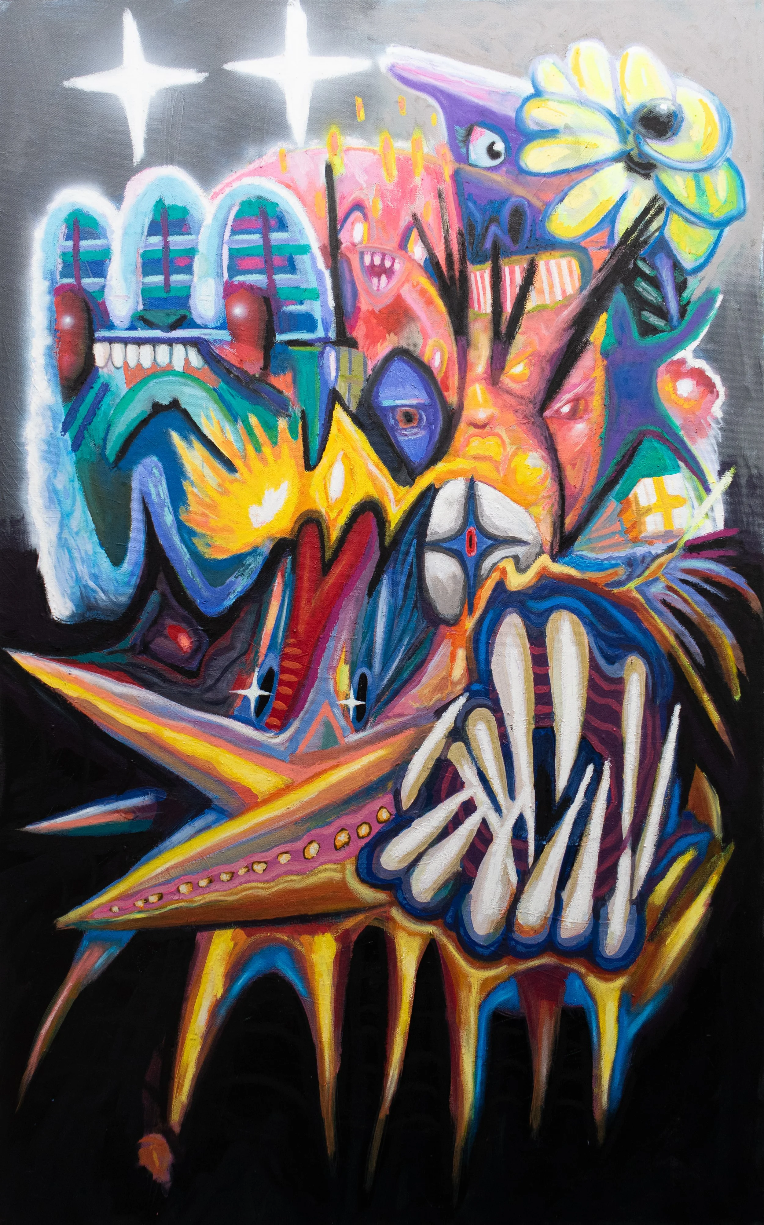 innocence under pressure, 2026. Acrylic, oil pastel on canvas - 48in x 30in 