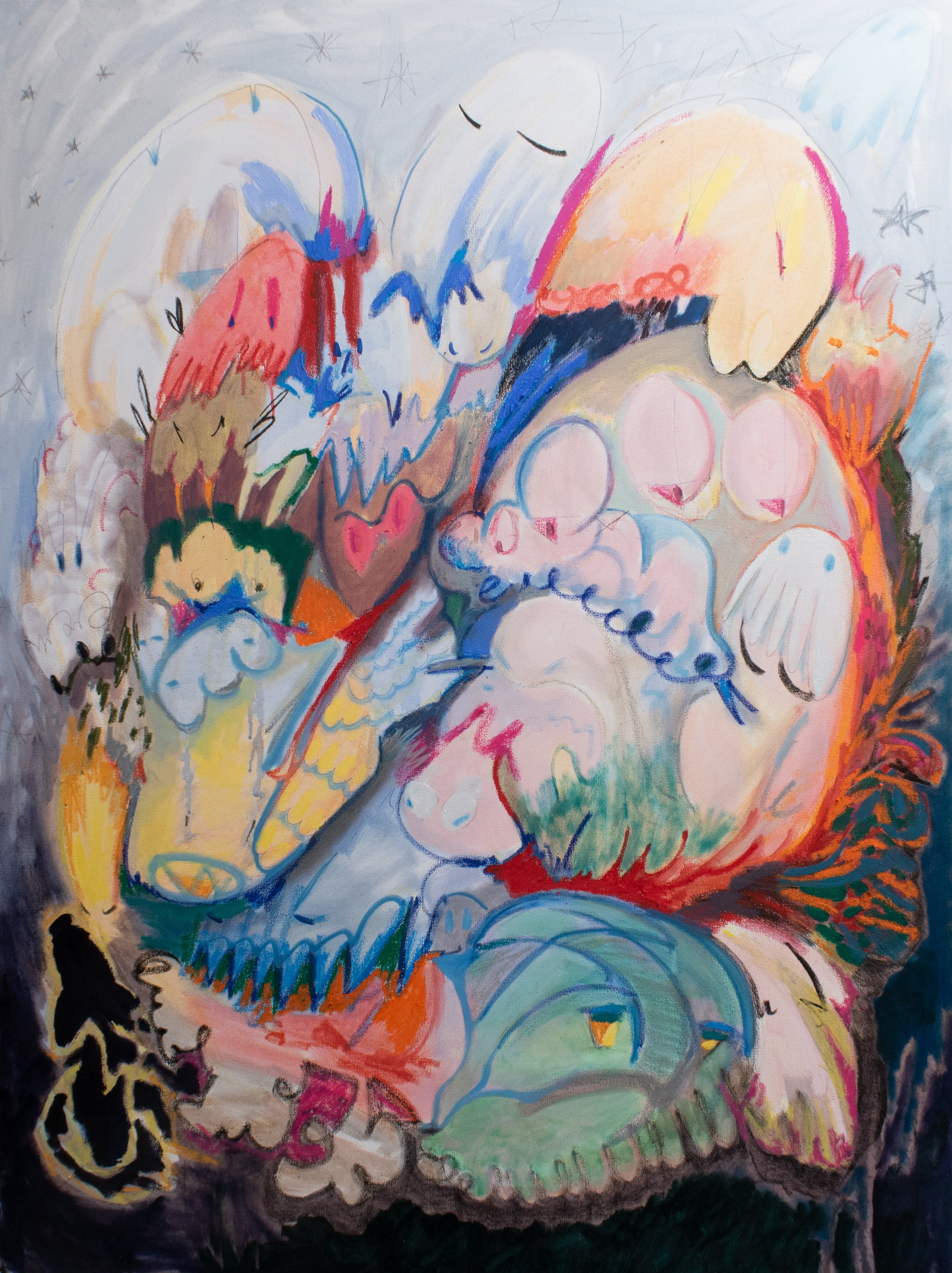 get to grips, 2025. Acrylic, oil pastel, oil, charcoal on canvas - 48in x 36in x 1.5in