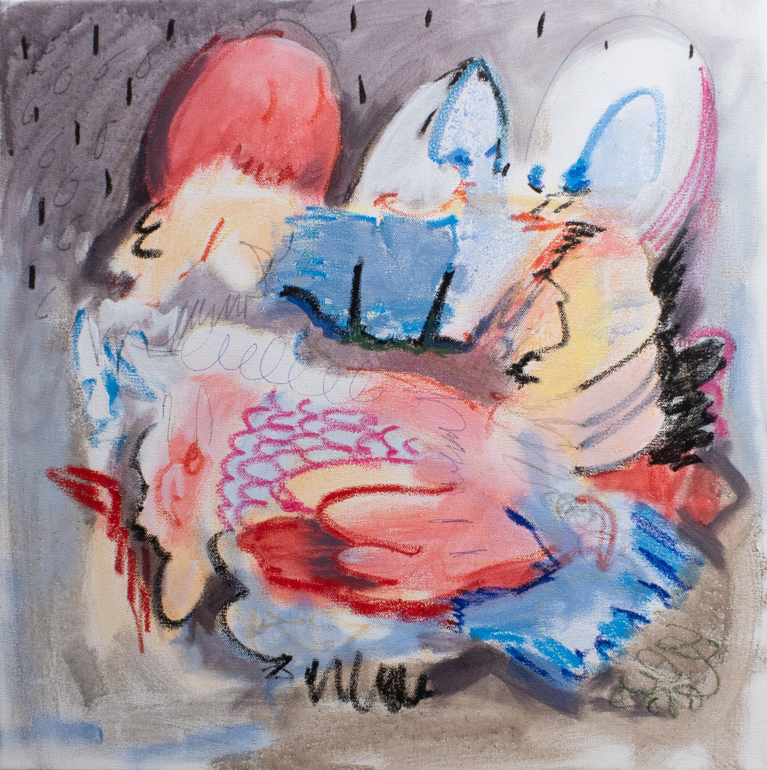 mellow storm, 2025. Acrylic, oil pastel, charcoal, pencil, pen on canvas - 20in x 20in x 1.5in