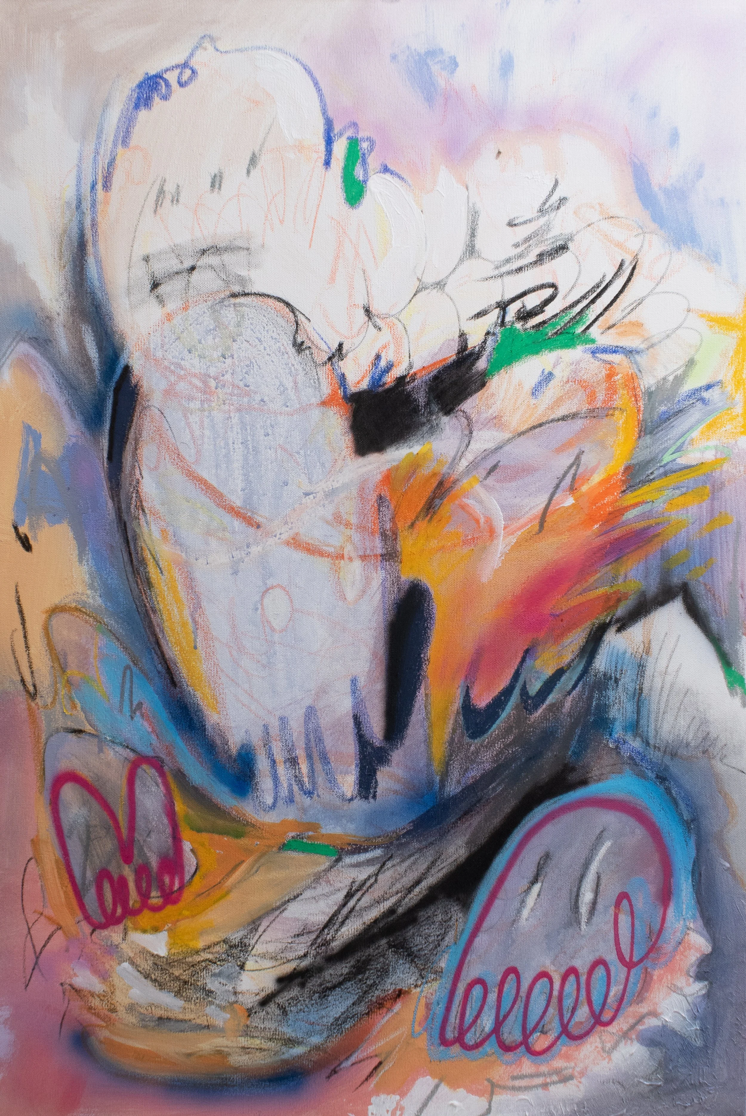 crash course, 2025. Acrylic, oil pastel, charcoal on canvas - 36in x 24in x 1.5in