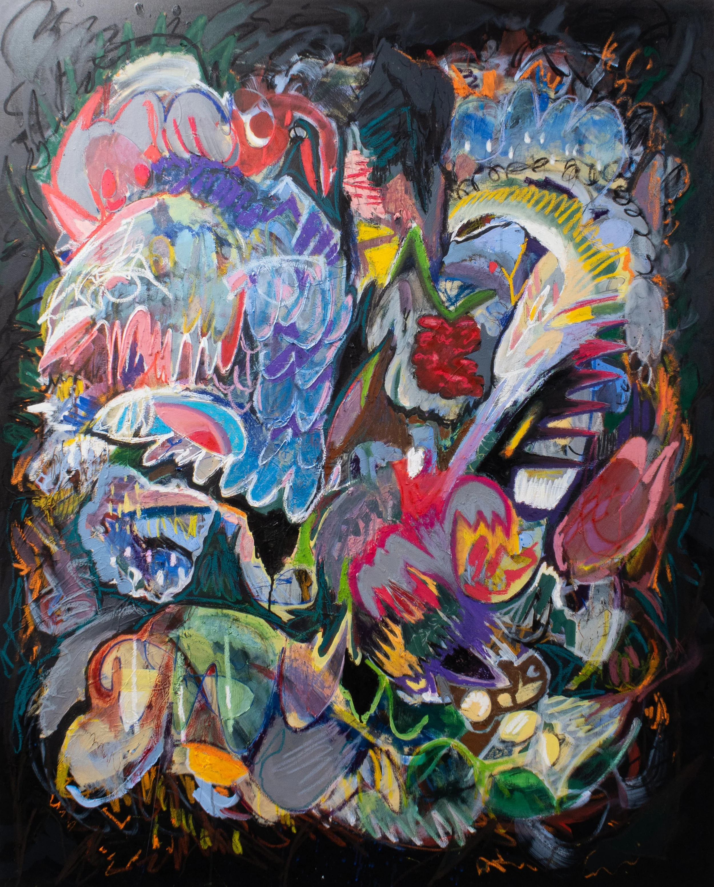 night in the jungle, 2025. Acrylic, oil pastel, oil, charcoal on canvas - 60in x 48in x 1.5in