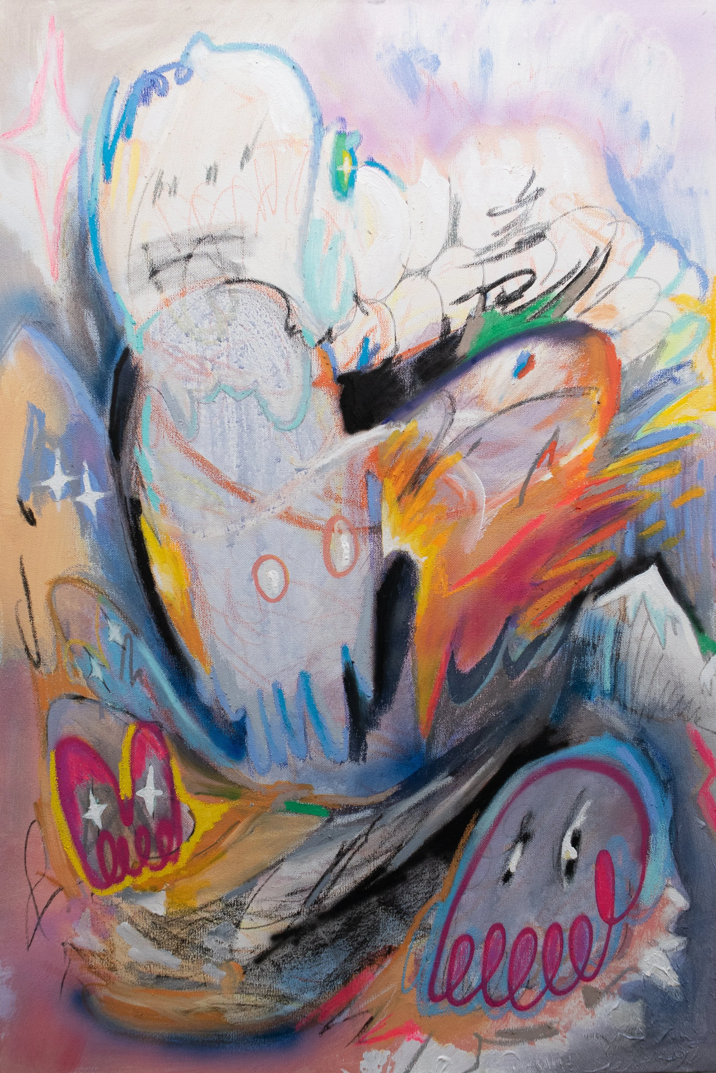 crash course, 2025. Acrylic, oil pastel, charcoal on canvas - 36in x 24in x 1.5in