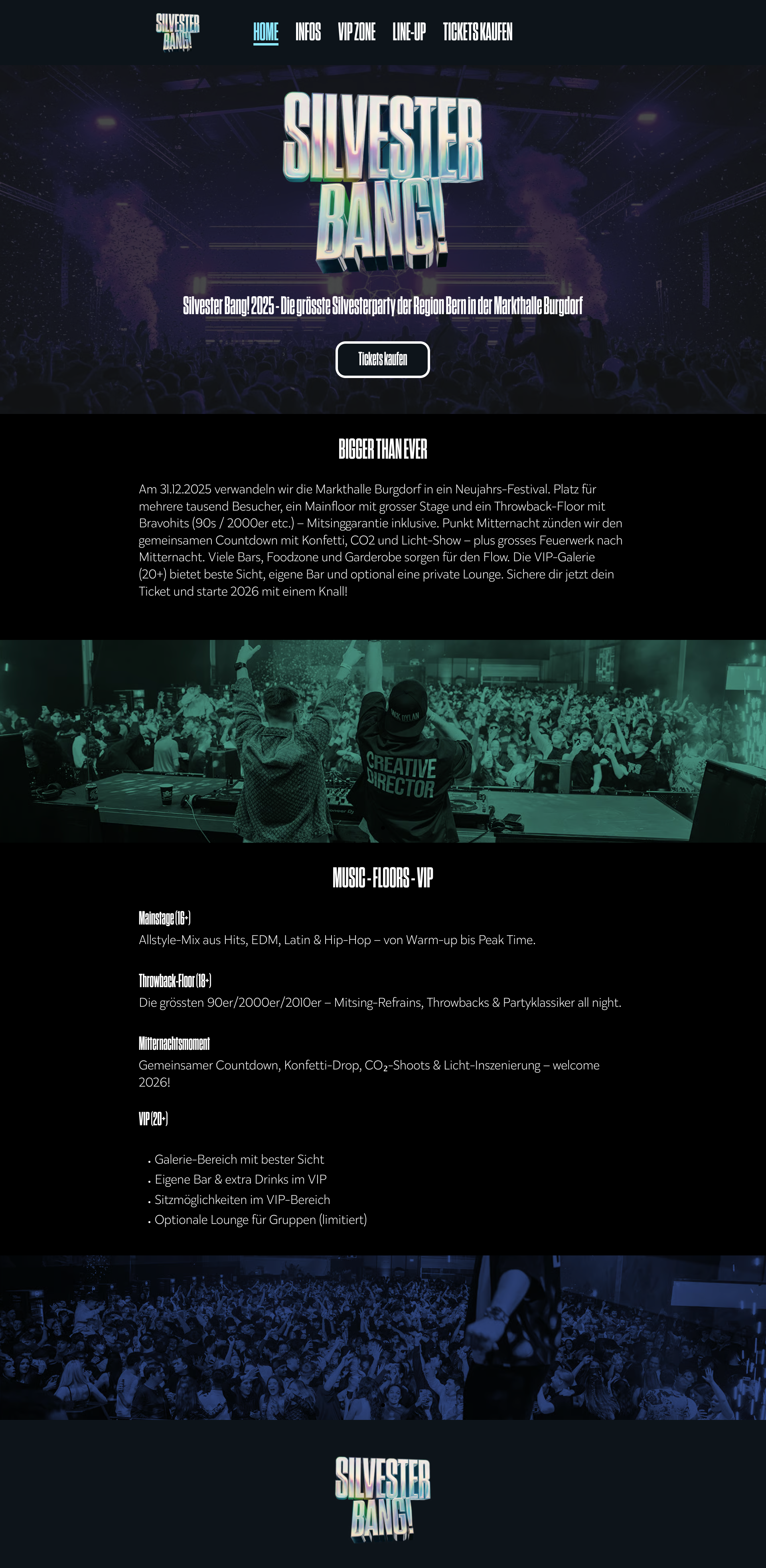 Webseite für das Silvester Bang! Festival mit Veranstaltungsinfos, Line-Up und Ticket-Optionen, inklusive Bilder eines großen Partypublikums und DJs an einem DJ-Pult.