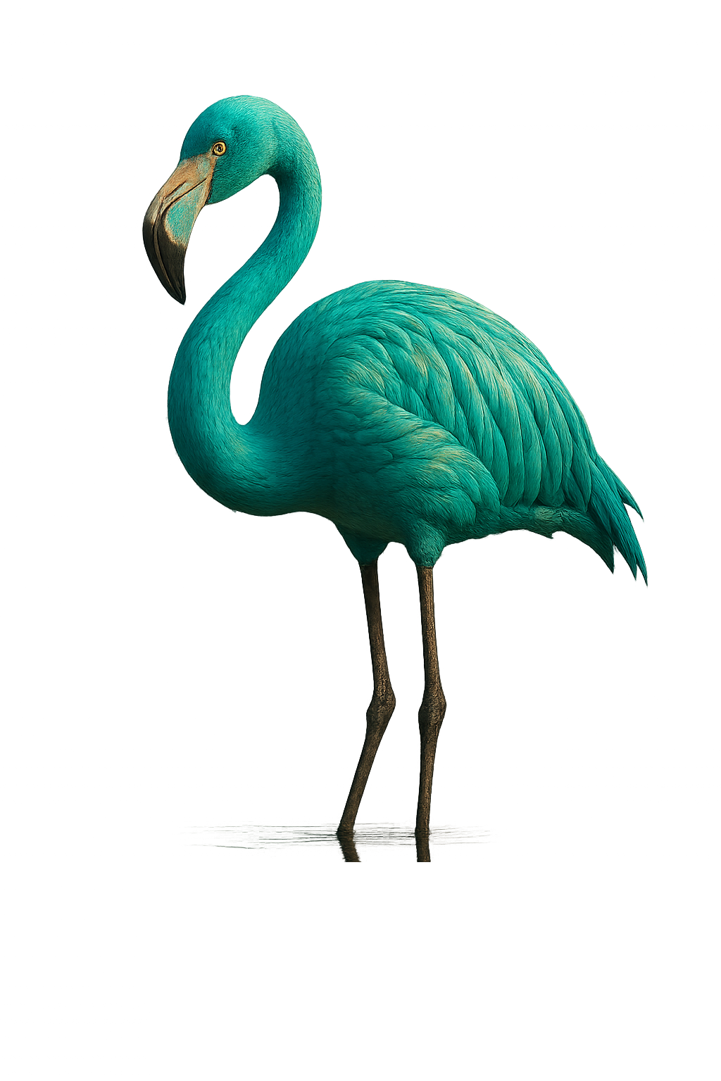 Eine moderne Abbildung eines blauen Flamingos vor einem schwarzen Hintergrund.