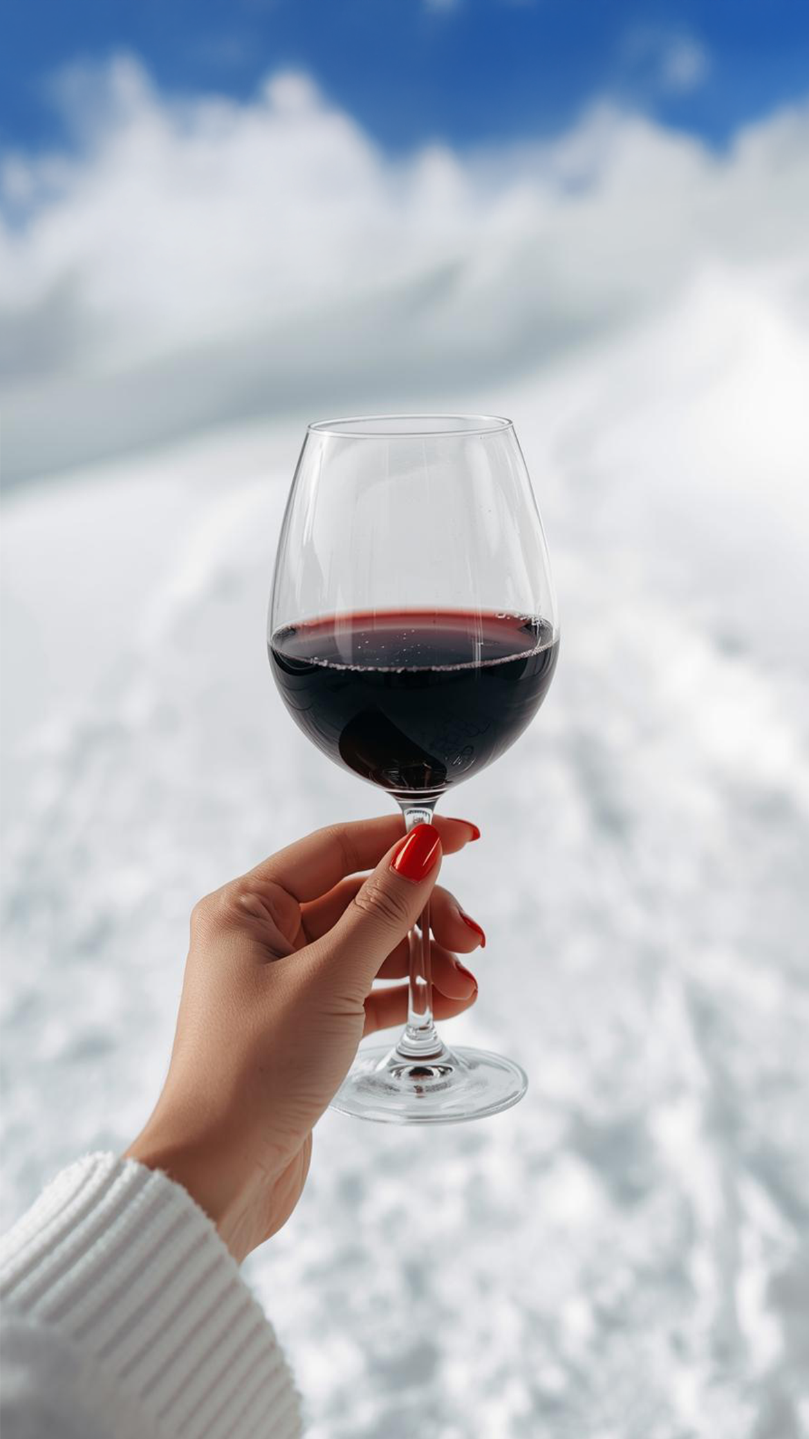 Hand holding a glass of red wine with a snowy landscape and blue sky in the background.
