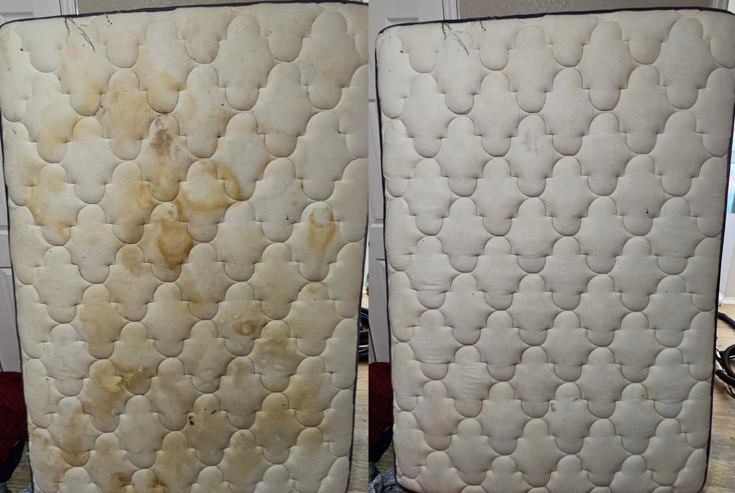 Comparison of two mattresses, one heavily stained and soiled on the left, clean and white on the right.