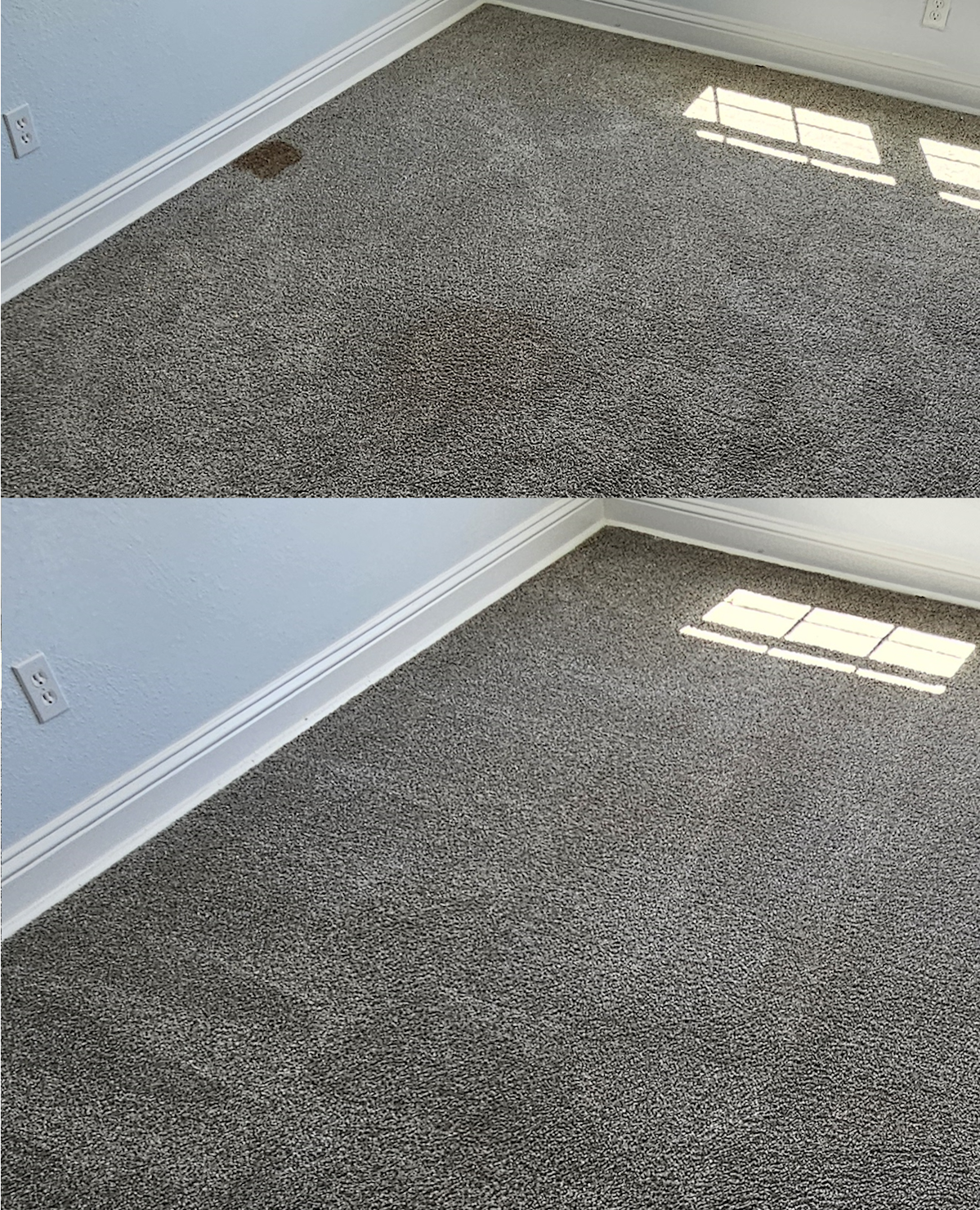 Comparison of a carpeted room with a new, clean carpet in the bottom image and an older, slightly worn carpet in the top image, both showing a wall with an electrical outlet and a window reflection.