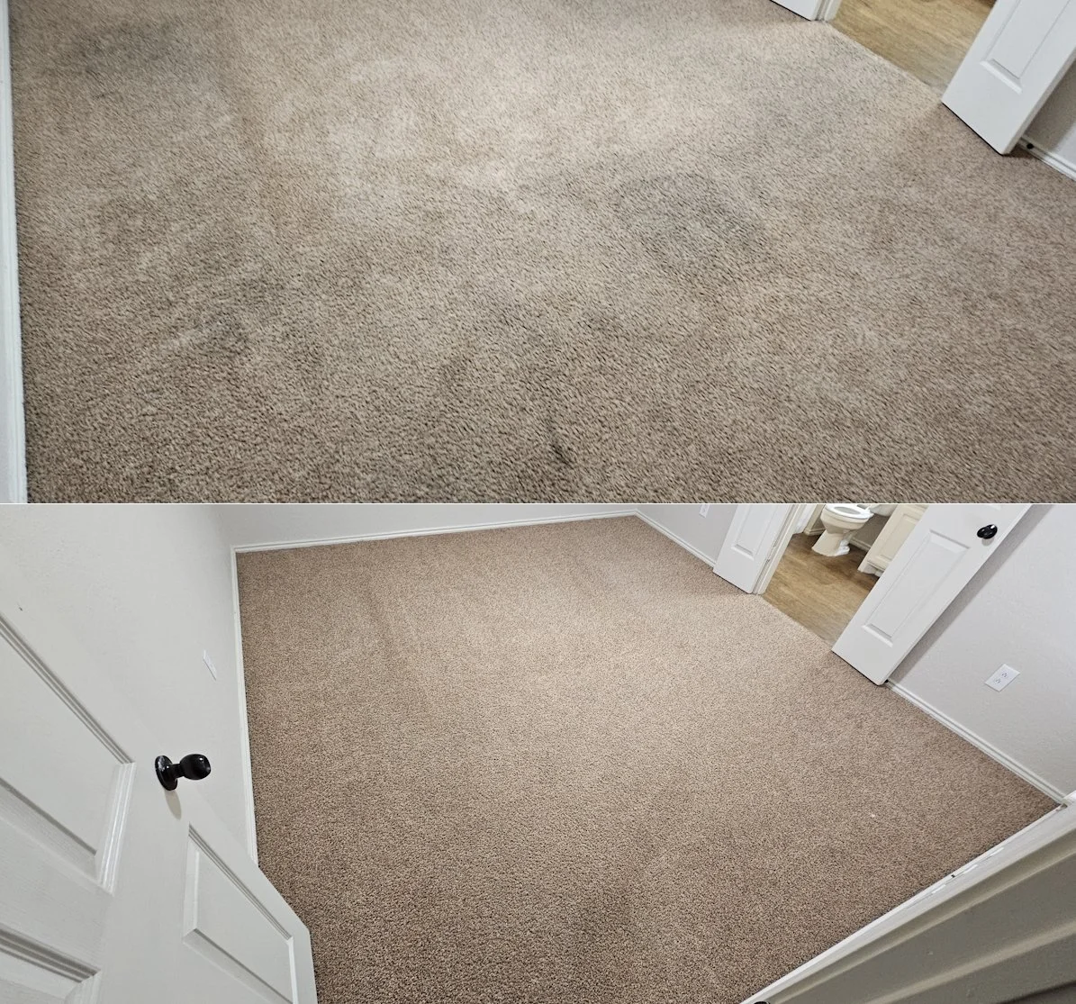 Comparison of a carpeted room before and after cleaning, showing a cleaner and brighter carpet in the after photo.