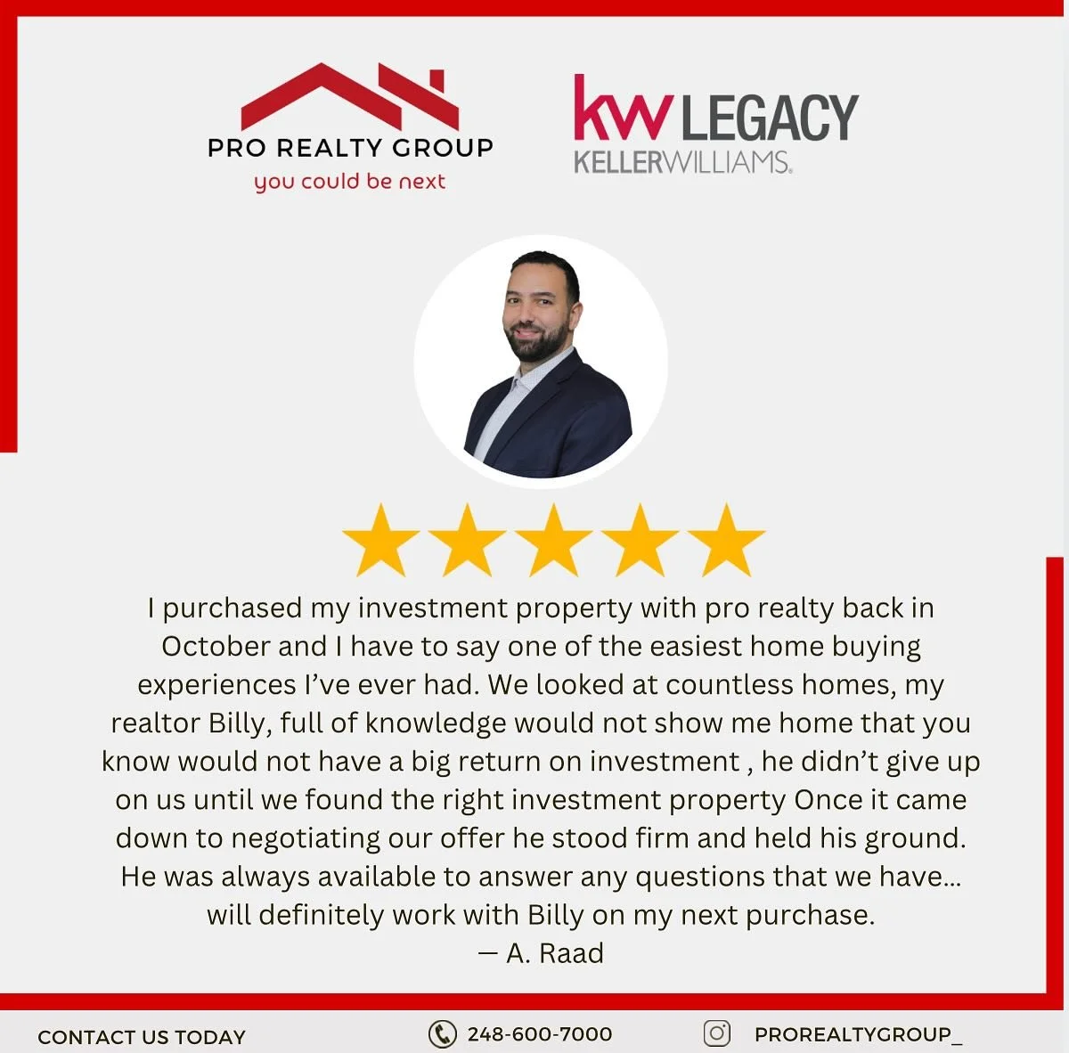 Congratulations @billyj_realtor on another great review! Your dedication to your clients is inspiring. #sold #review #fivestar #prorealtygroup #youcouldbenext🏠