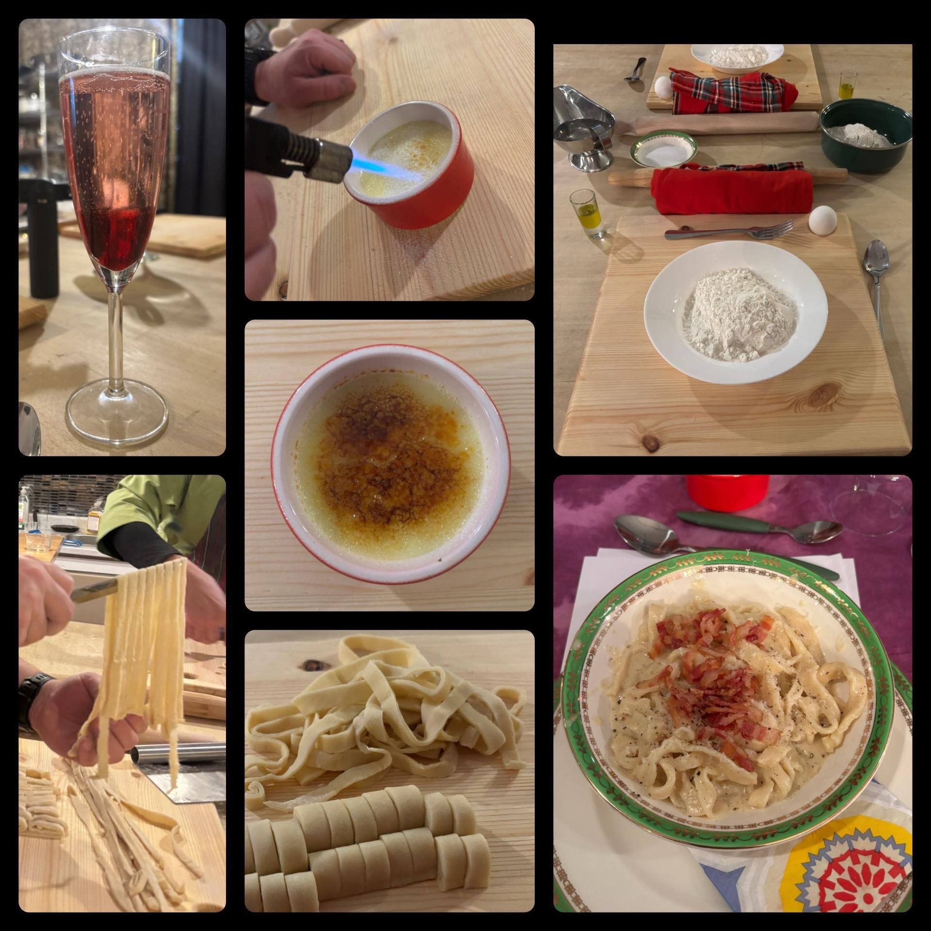 A collage of images showing the preparation of homemade pasta, including a glass of sparkling rosé wine, a blowtorch heating a cup, bowls of flour and eggs, a rolling pin, rolled-out dough, cut pasta, and a plate of fettuccine topped with bacon bits.