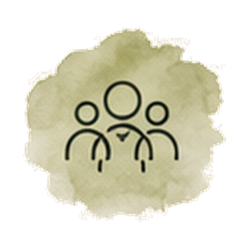 Black icon of a family with two parents and a child on a pale yellow watercolor background
