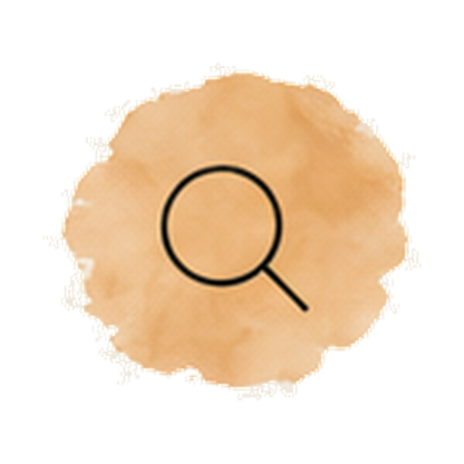 Black magnifying glass icon on an orange watercolor background