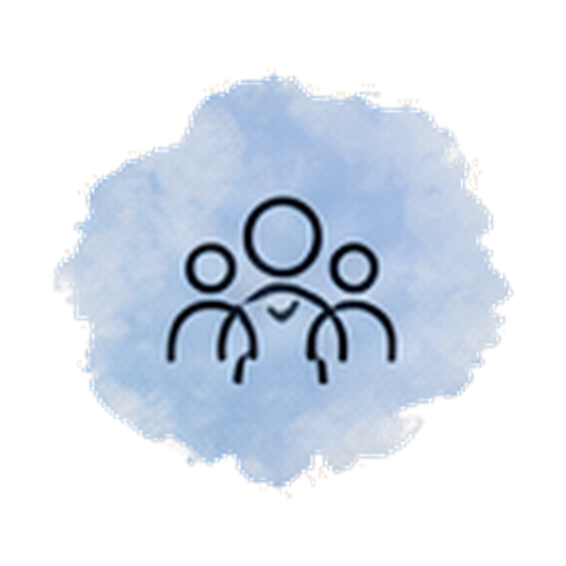 Black outline icon of a family with two adults and a child on a light blue watercolor background