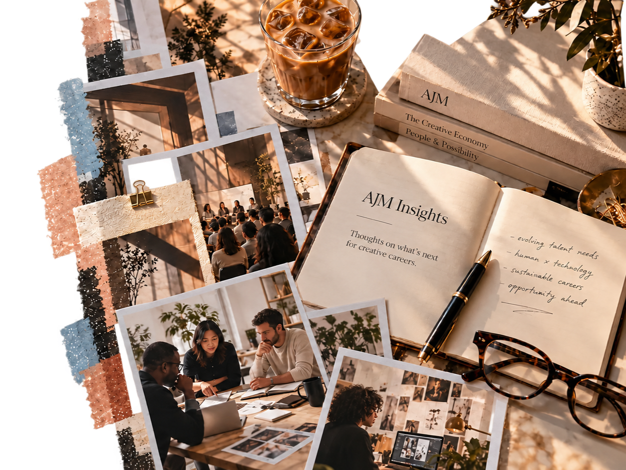 Creative workspace collage with an open AJM Insights journal, iced coffee, books, glasses, and photos of collaborative creative professionals
