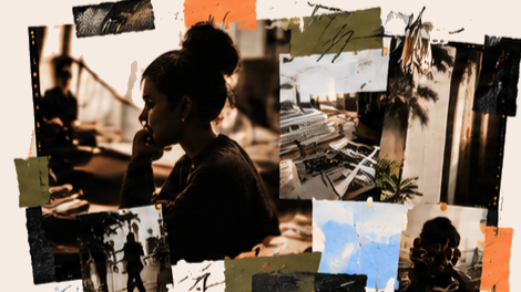 Artistic collage featuring a silhouetted woman in profile, tropical beach scenes, palm trees, and coastal architecture