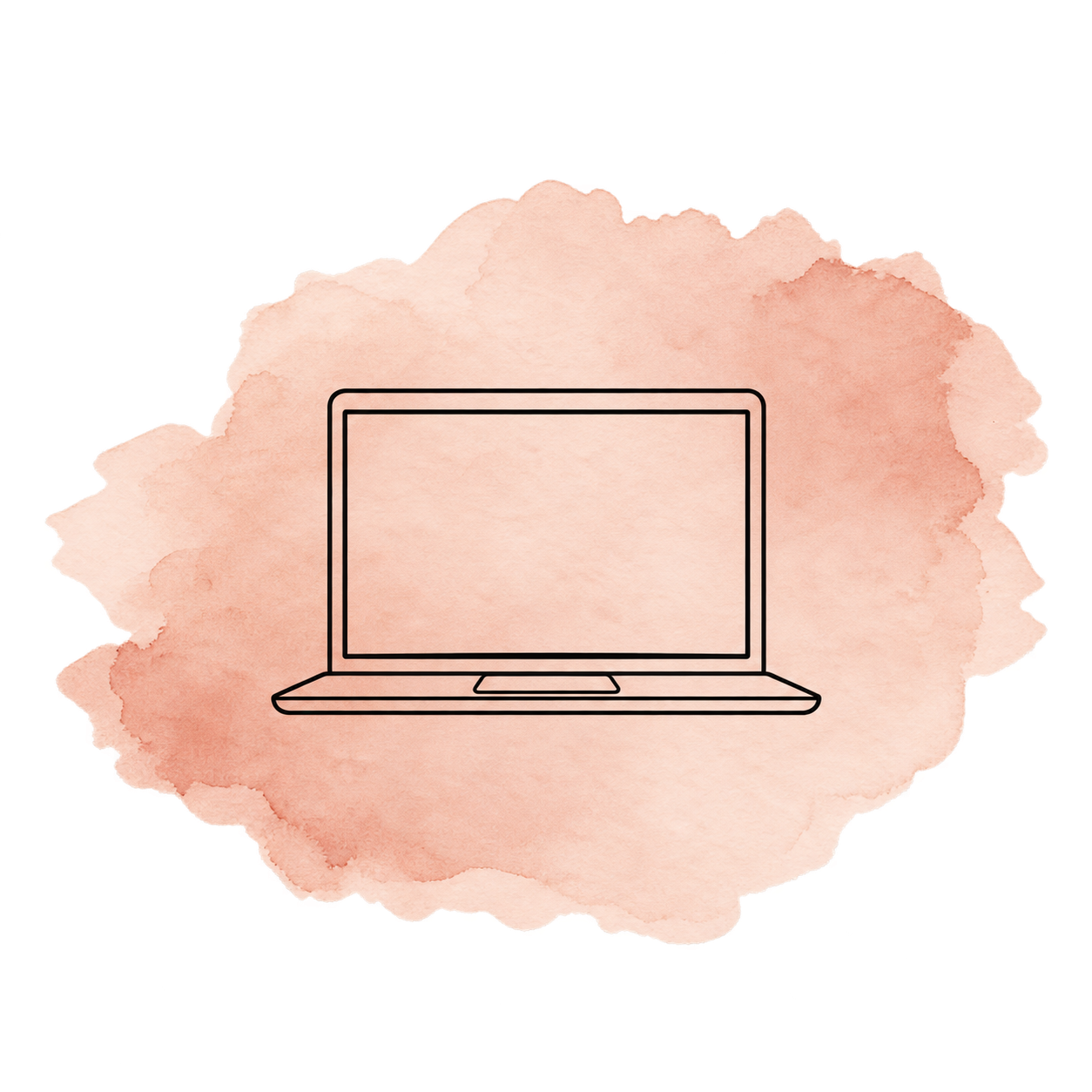 Minimalist black line drawing of a laptop on a pink watercolor background