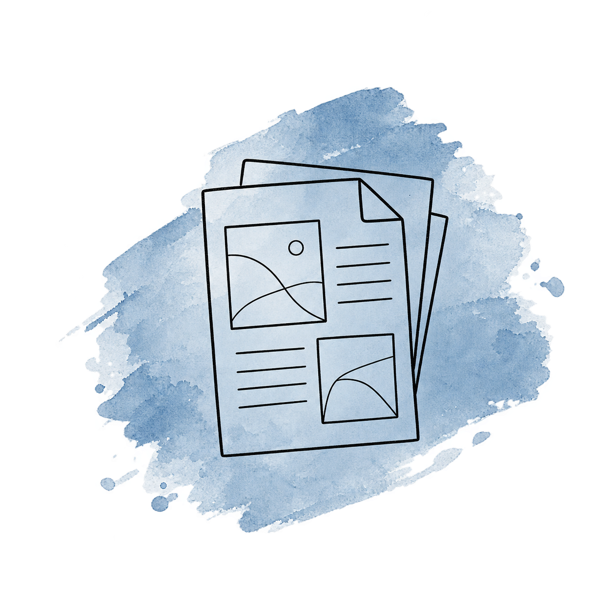 Stack of illustrated documents with text lines and image placeholders on a blue watercolor background