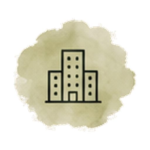 Black apartment building icon on a pale yellow watercolor background