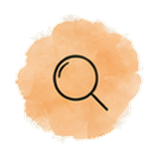 Black magnifying glass icon on an orange watercolor circle