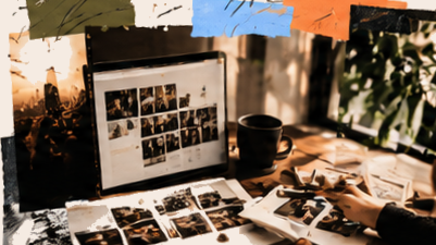 Creative workspace with photo prints, a laptop displaying a photo collage, coffee cup, and person reviewing images at a desk