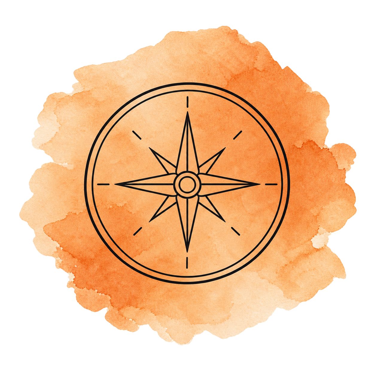 Black compass rose illustration over an orange watercolor brushstroke background
