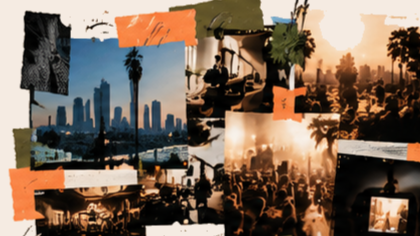 Collage of urban city skylines, palm trees, street scenes, and crowds at sunset