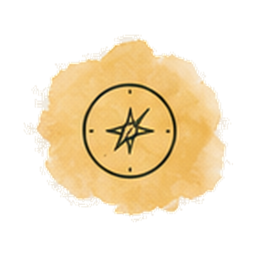 Watercolor compass rose illustration on a golden-yellow watercolor background