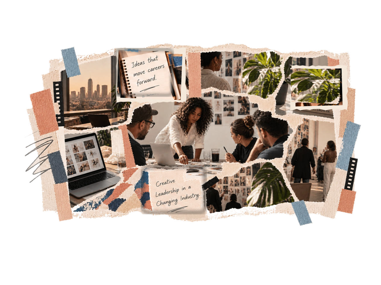 Collage of a creative team collaborating in a studio, with mood boards, laptop, city skyline, plants, and notes about career growth and creative leadership.