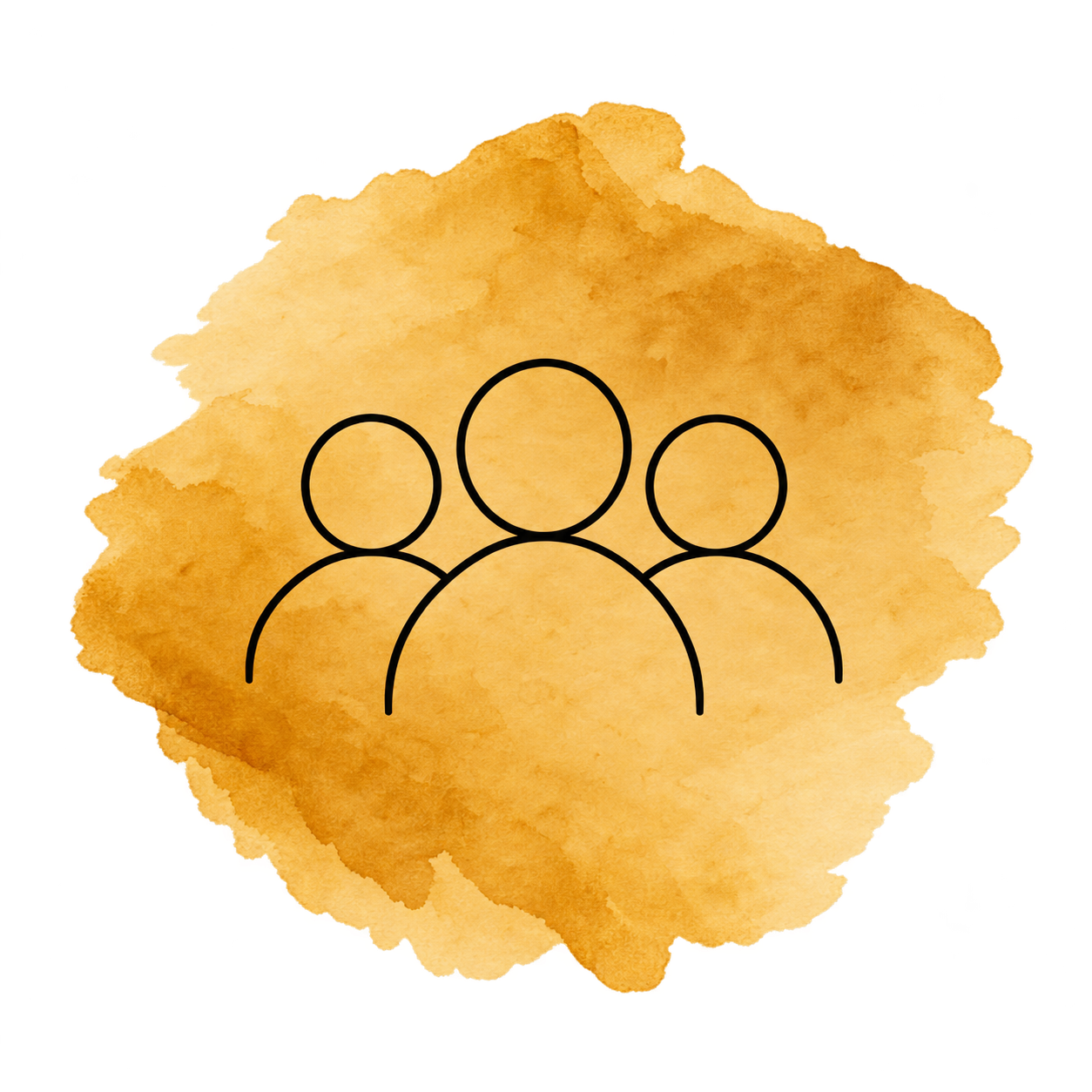 Black outline icon of three people over an orange watercolor background