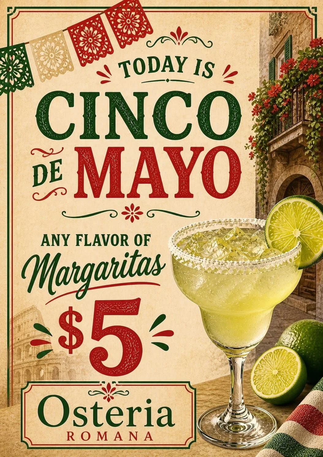 TODAY ONLY &mdash; CINCO DE MAYO 

$5 MARGARITAS &bull; ANY FLAVOR &bull; ALL DAY

Join us at Osteria Romana

Let&rsquo;s celebrate 🍸🔥

#cincodemayo #foodlover #Italianrestaurant #trumbullct #monroect #newtownct #sheltonct