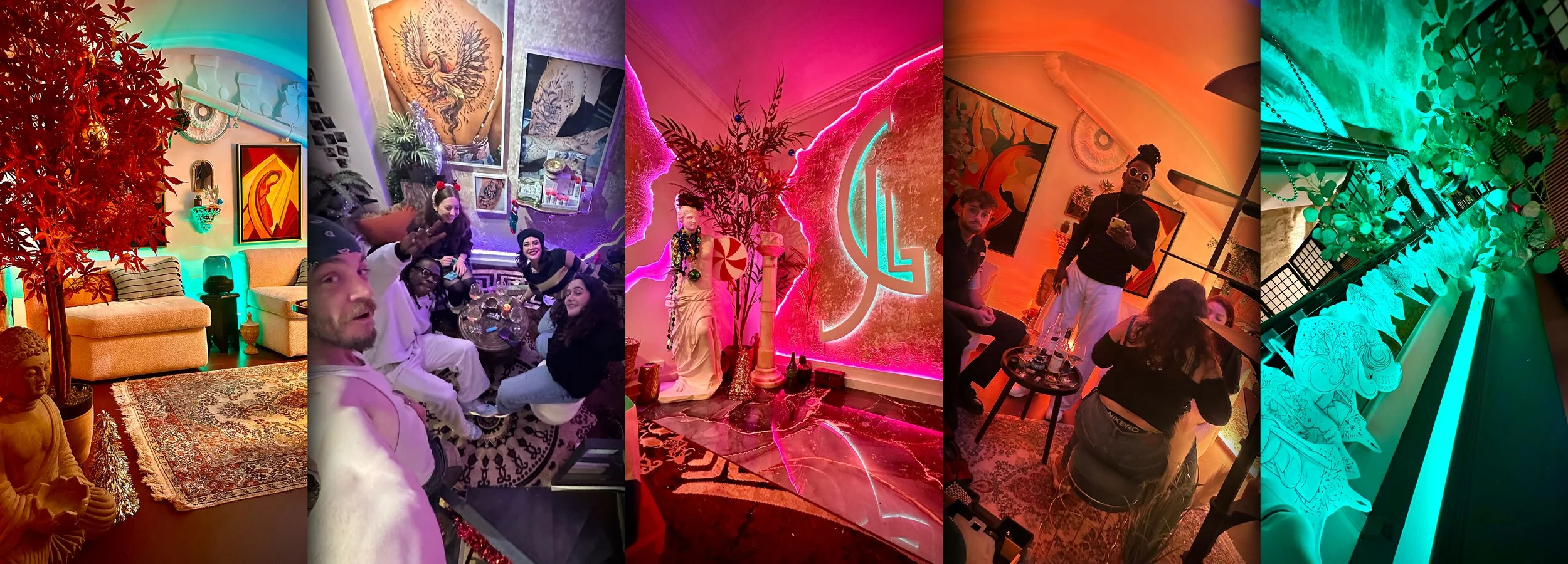 Collection de photos de différentes pièces décorées avec des lumières colorées et des gens socialisant dans un intérieur moderne et artistique.