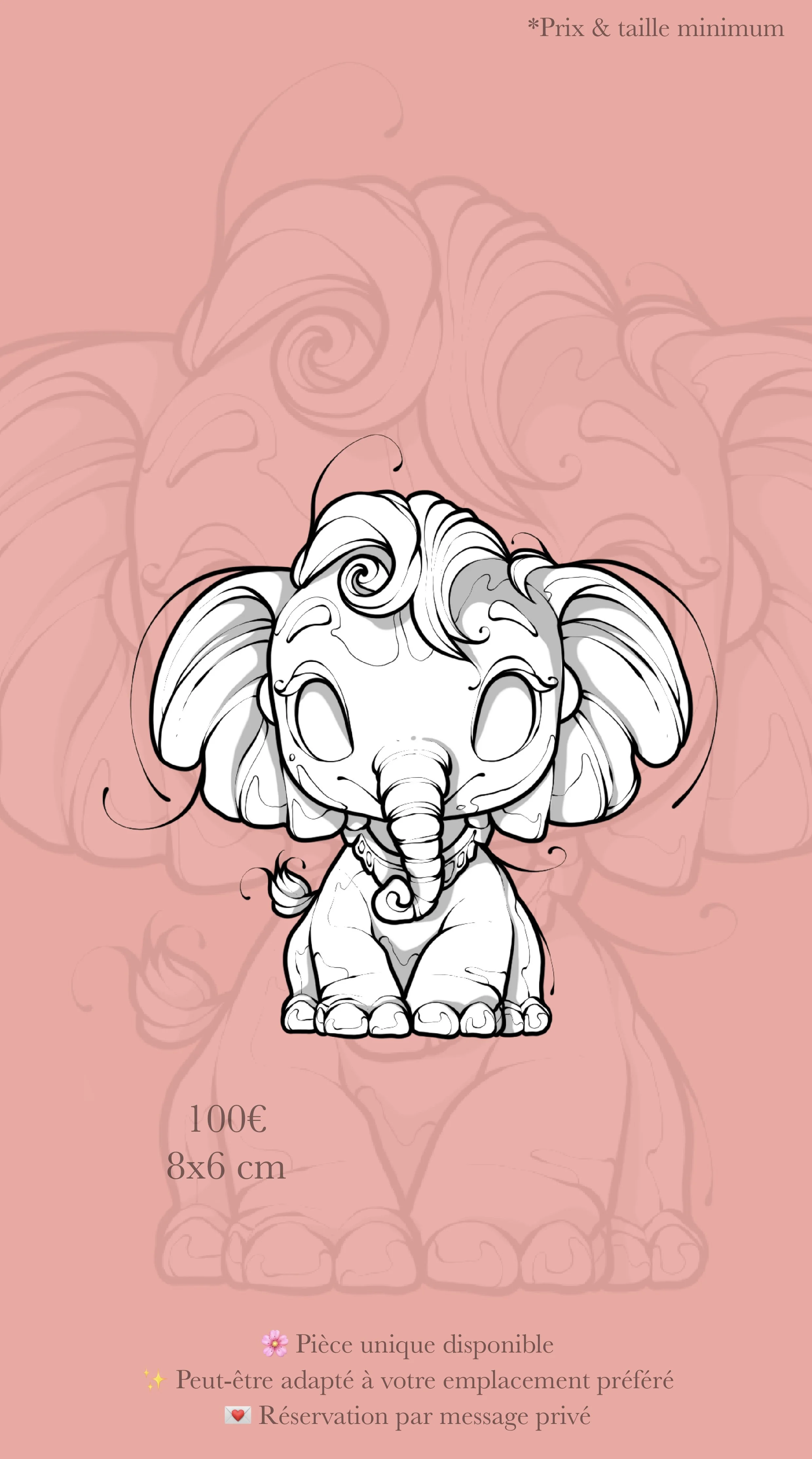 Une illustration d'une figurine de pachyderme stylisée, avec des détails floraux, sur un fond rose pastel avec du texte promotionnel en français.