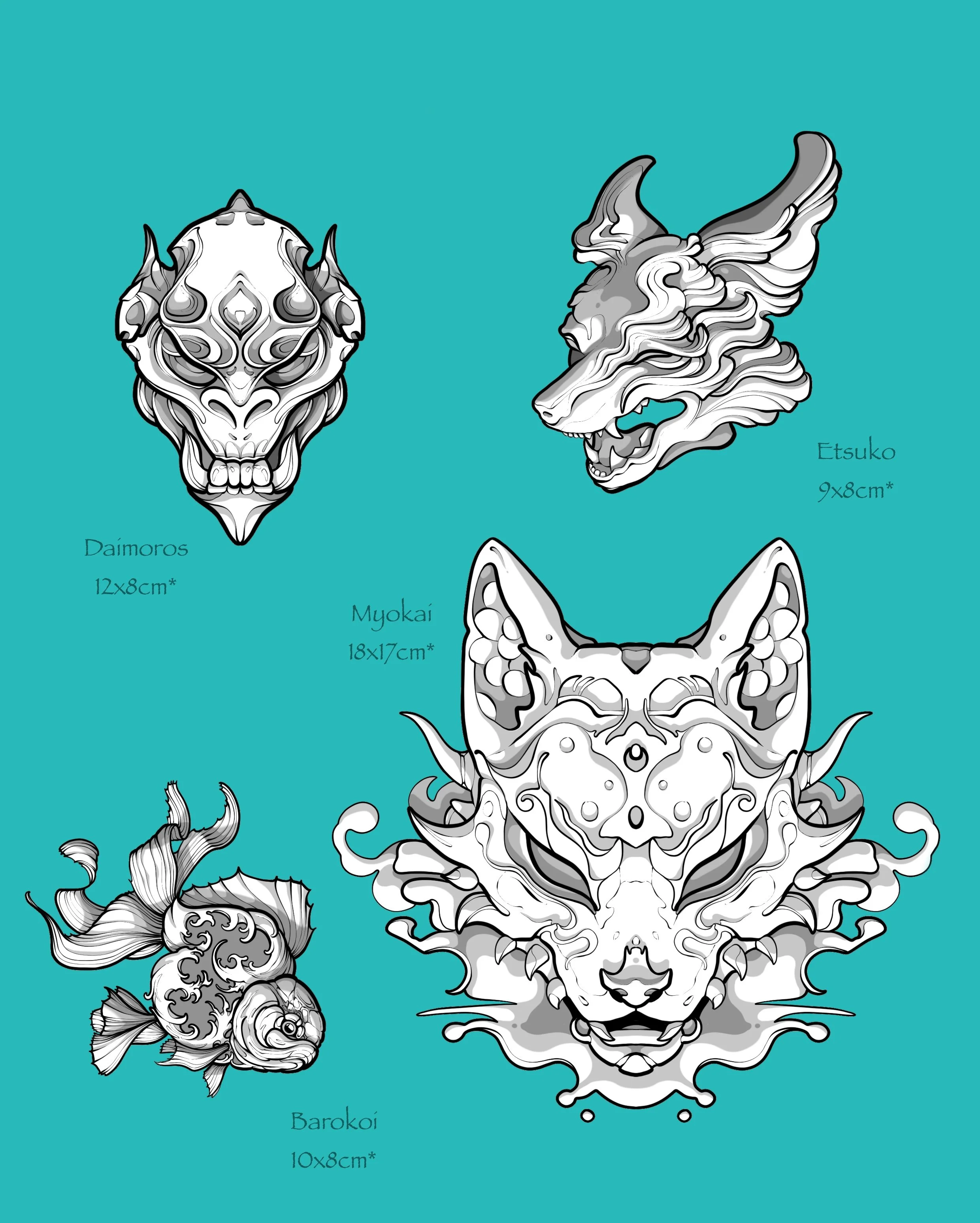 Illustration de quatre tatouages d'animaux en style japonais : un crâne de dragon Daiimos, une tête de renard Etsuko, un tigre Myokai, et une carpe Barokoi, avec leurs dimensions indiquées.