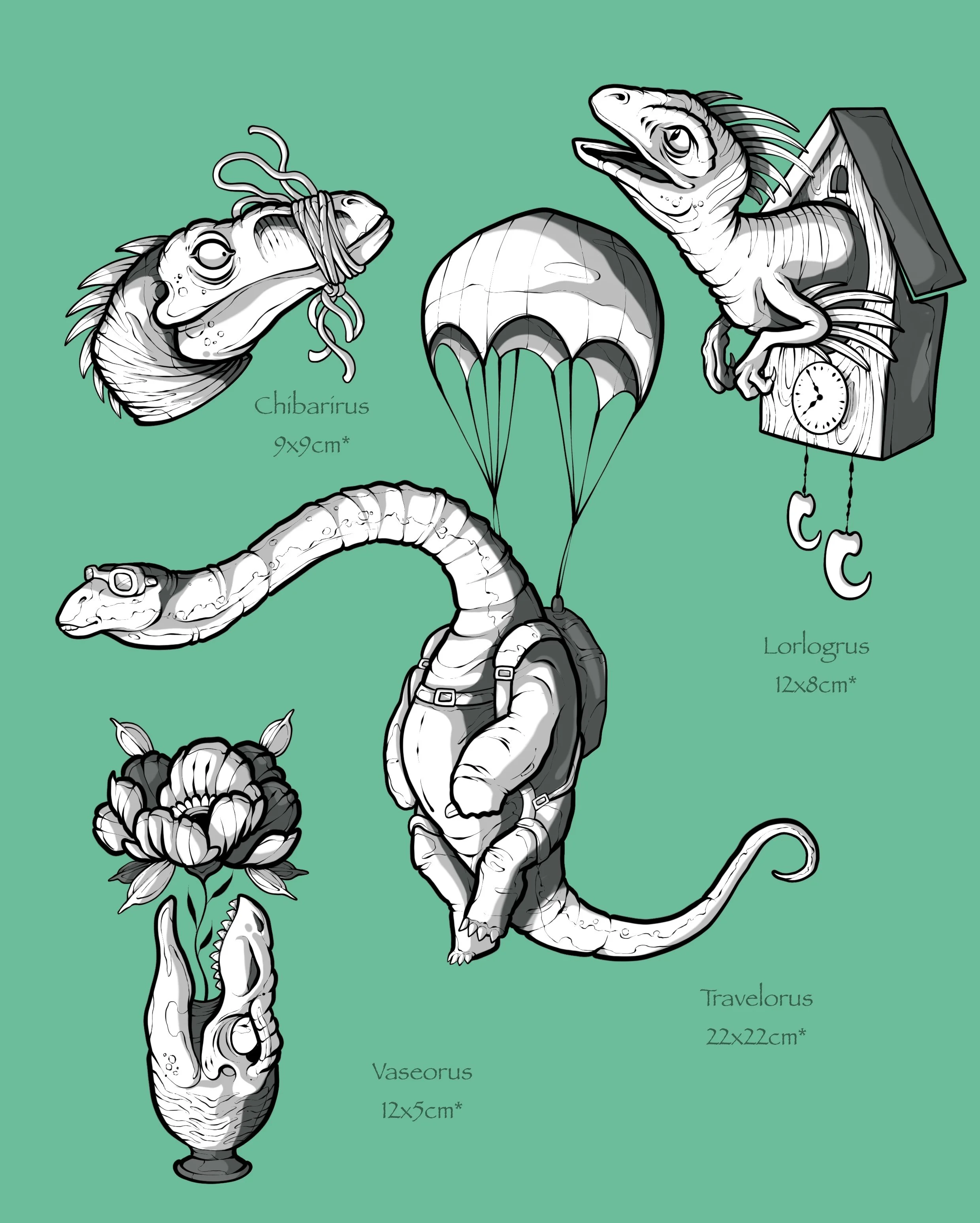 Illustration de différents animaux et objets avec leurs noms et dimensions en français. Inclut un poisson appelé "Chibarirus", un dinosaure "Lorlogrus" avec un parachute, un autre dinosaure "Travelorus" portant un sac à dos, un vase avec une plante et une tête de dinosaur avec des coussins