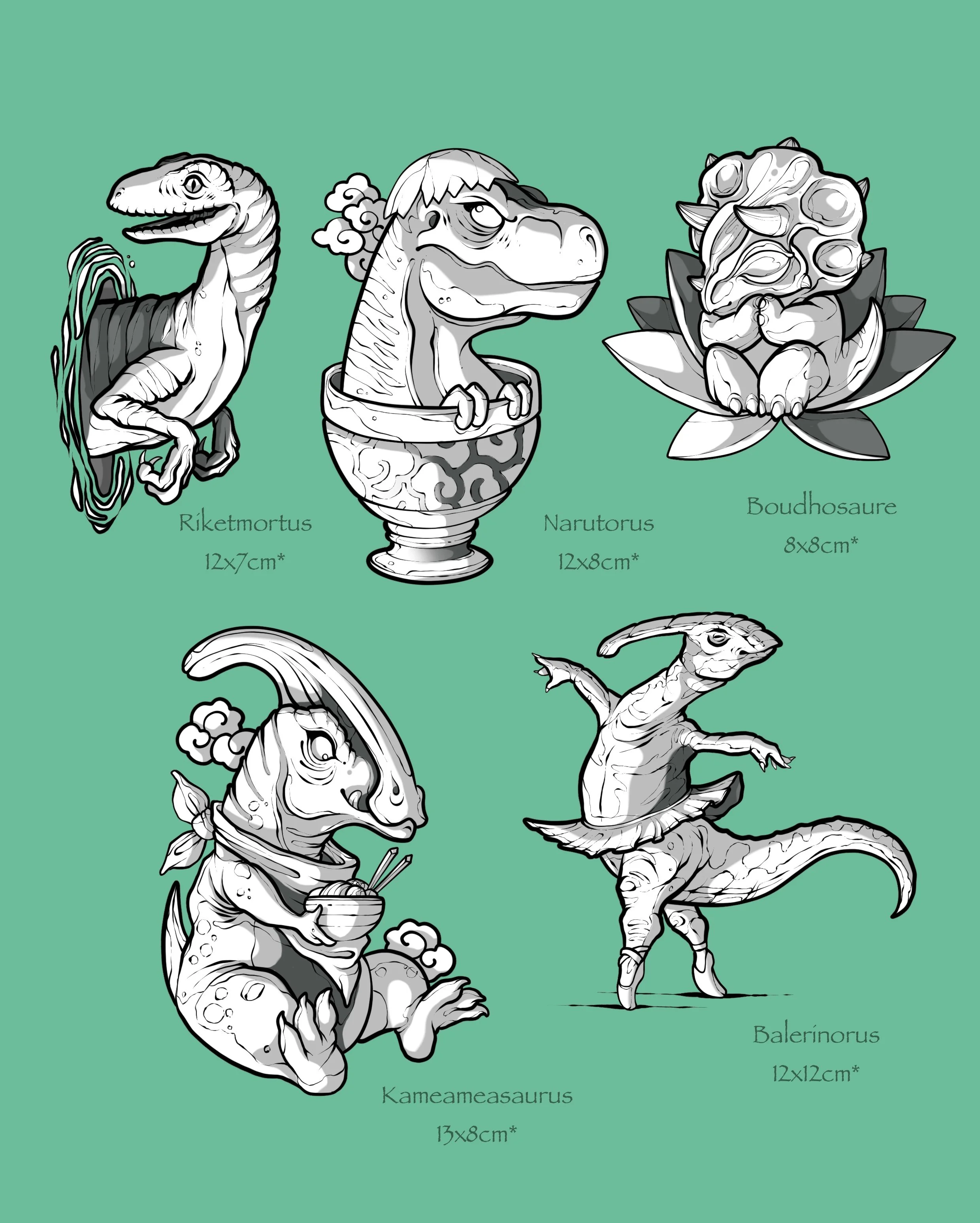 Illustration en couleurs de cinq créatures mythologiques et préhistoriques avec leurs noms et dimensions en centimètres. De gauche à droite et de haut en bas : Riketmortus, tora, Boudhosaure, Kameameasaurus et Balerinorus.