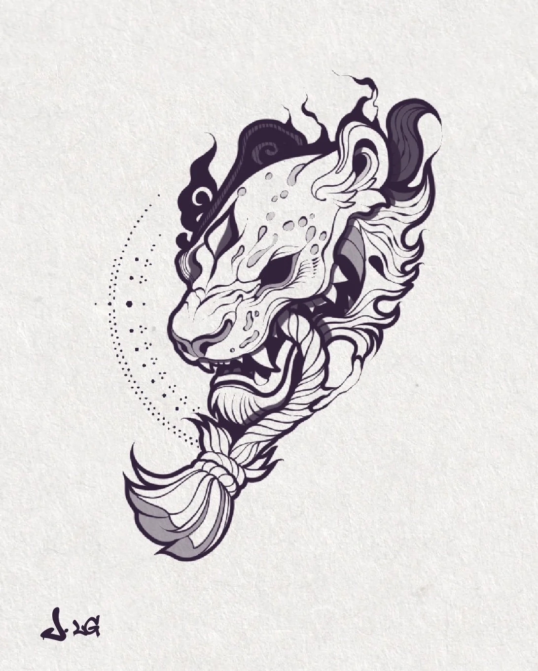 Tatouage d'une tête de lion stylisée avec un crâne d'animal, en noir et blanc, dessiné avec des lignes fines et des détails complexes.