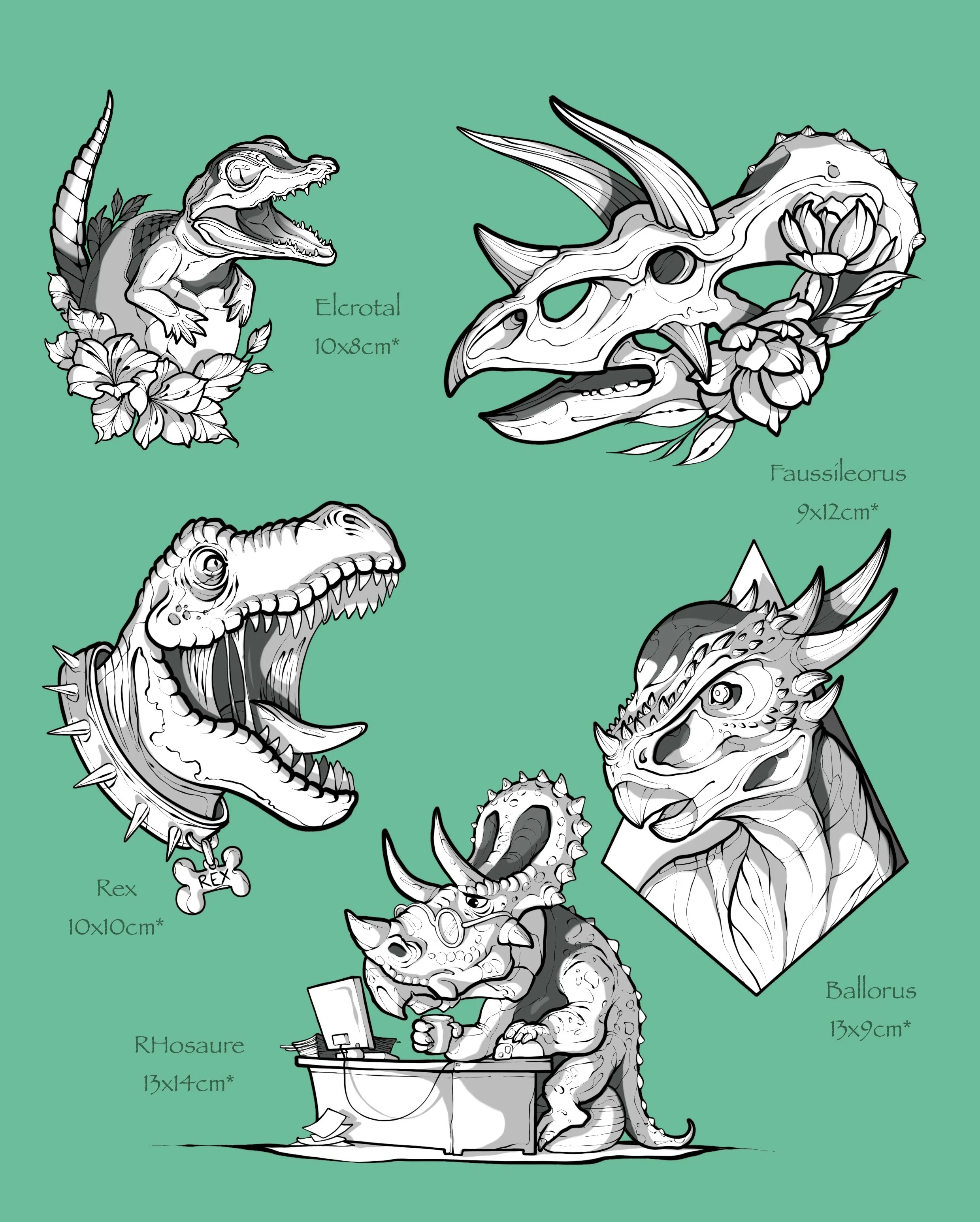 Illustration en noir et blanc de différentes créations artistiques de têtes de dinosaures avec des tatouages, comprenant un crocodile, un raptor, un tyrannosaure, un rhinocéros, et un dinosaure avec des cornes et des éléments floraux, sur fond turquoise.