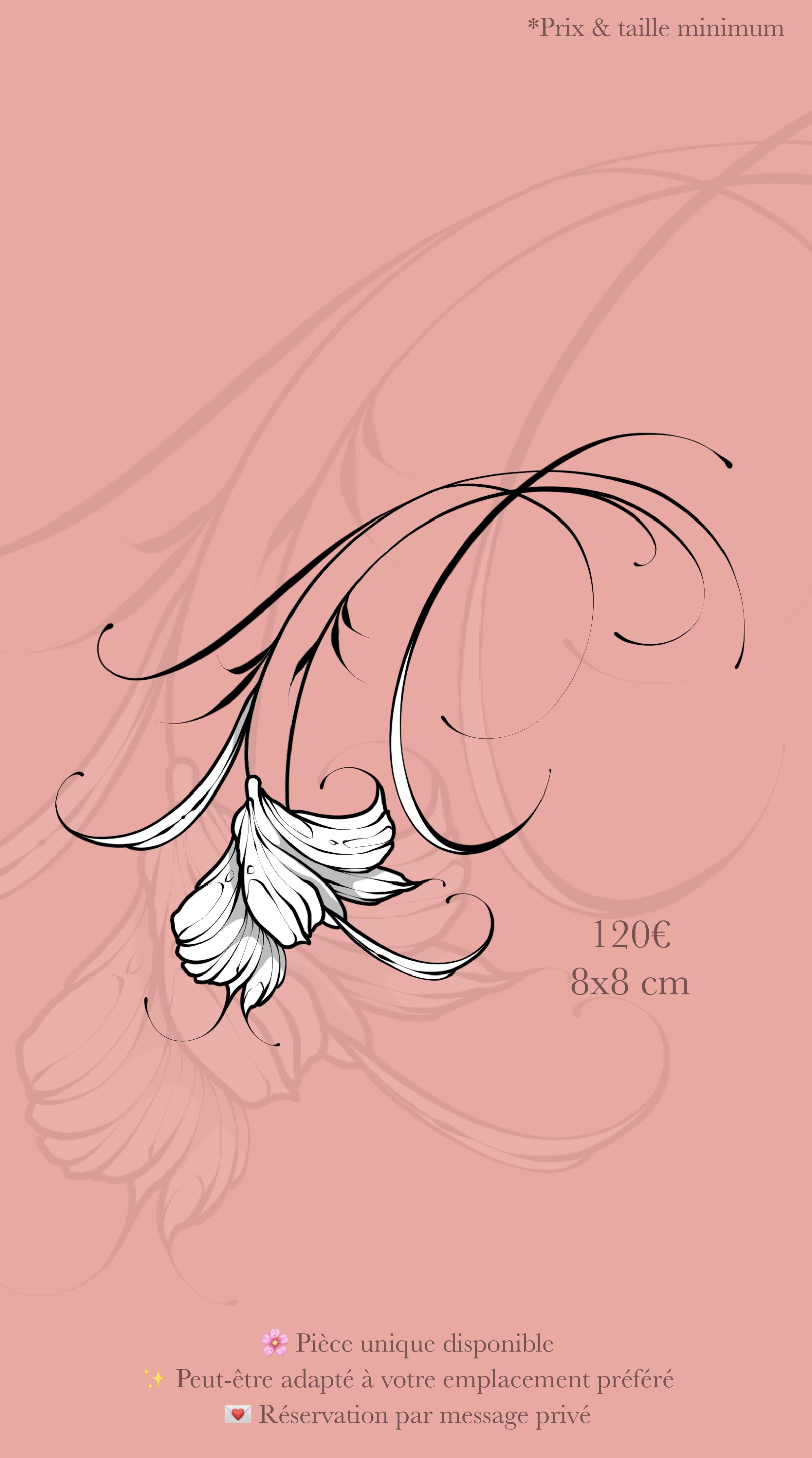 Annonce d'une œuvre d'art mains libres sur un fond rose. Prix de 120 euros, dimensions 8x8 cm, mention d'une pièce unique disponible, adaptable à l'emplacement préféré, réservation par message privé.