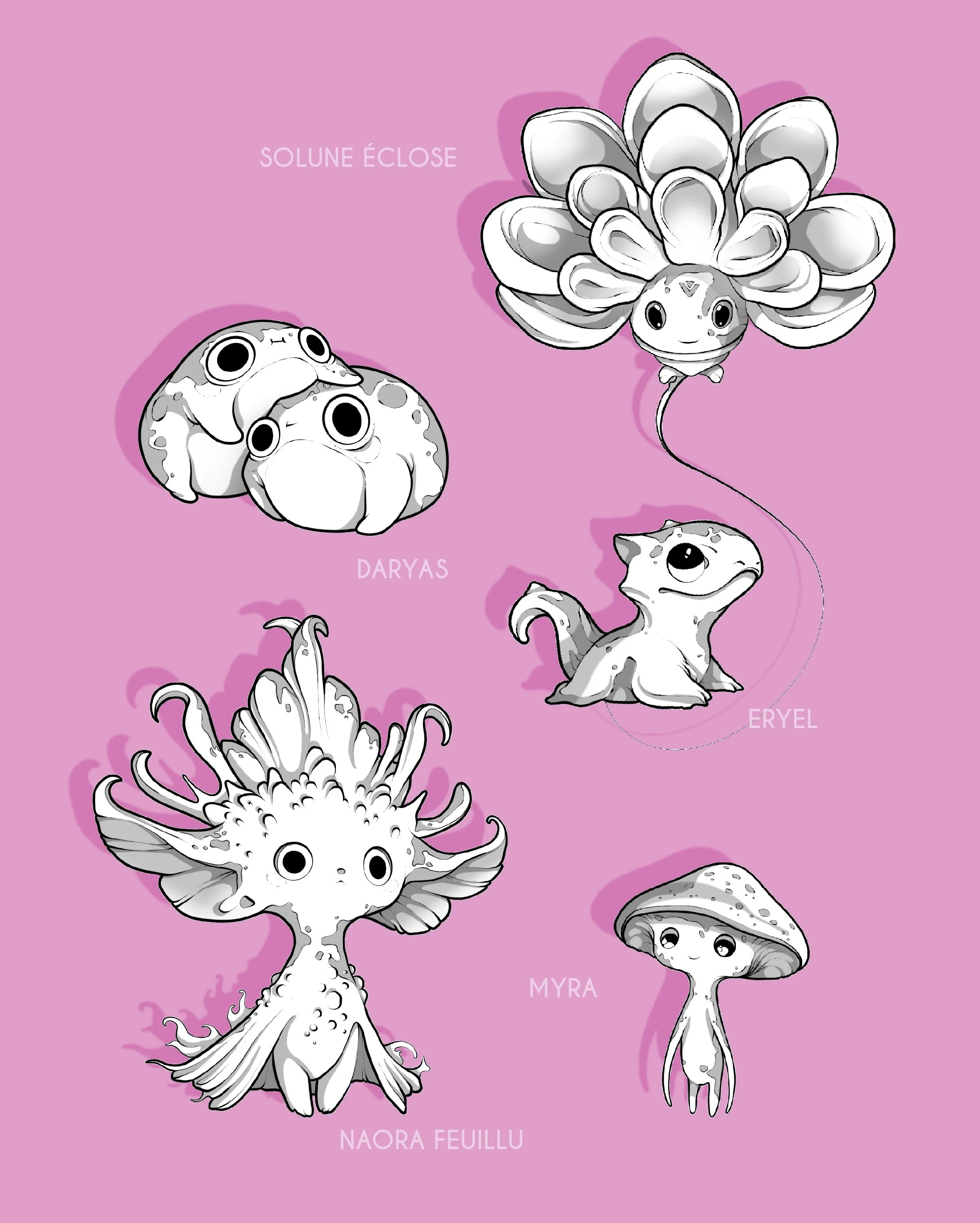 Illustration de cinq créatures marines imaginaires sur fond rose, chacune avec des caractéristiques uniques, nommées Solune Éclose, Daryas, Eryel, Naora Feilllu et Myra.